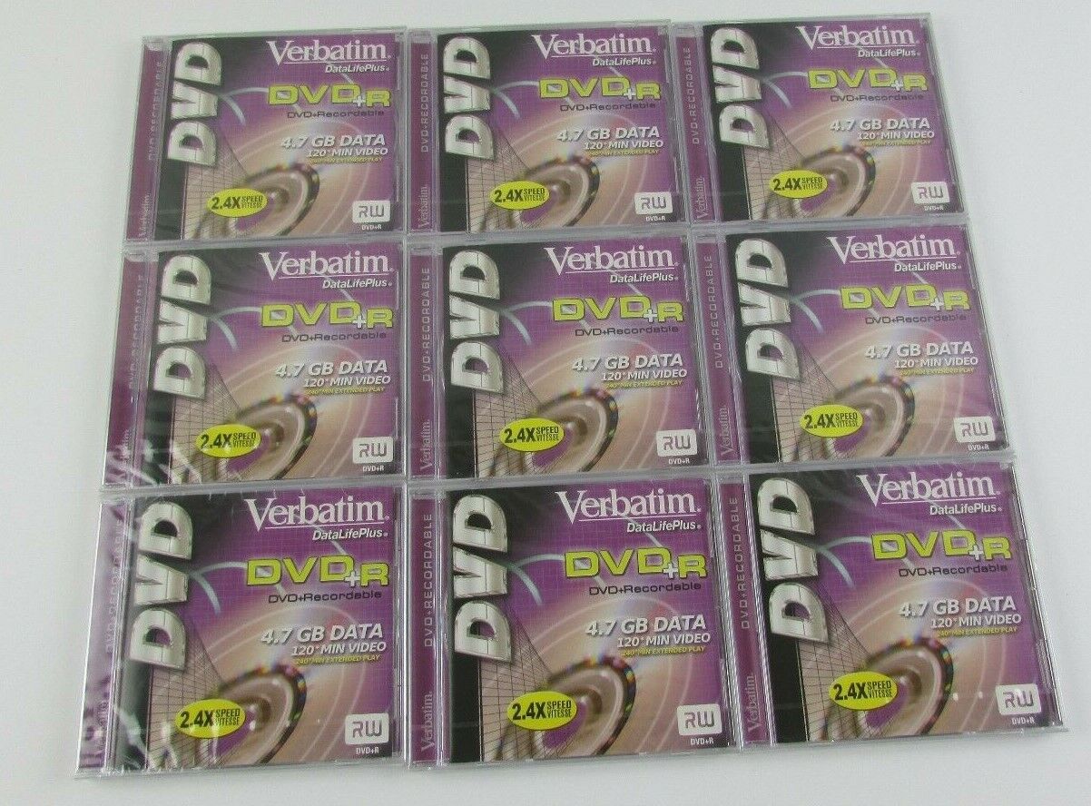 9 Verbatim DataLifePlus DVD+R Recordable 4x 4.7 GB Data 120min Each