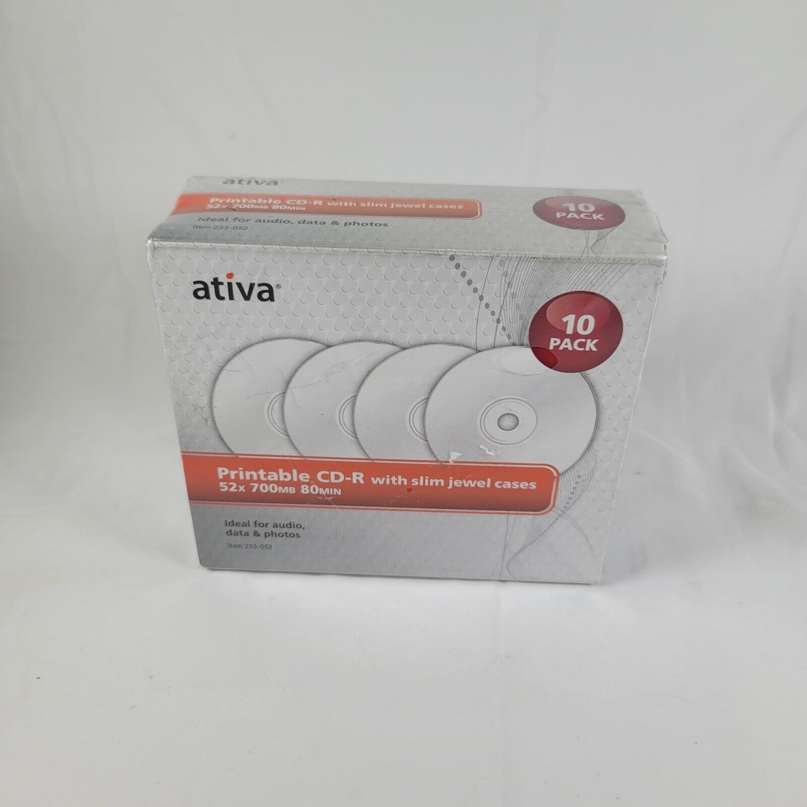 Ativa Printable CD-R With Slim Jewel Cases 52 X 700mb 80 Min 10 Pack -NEW SEALED