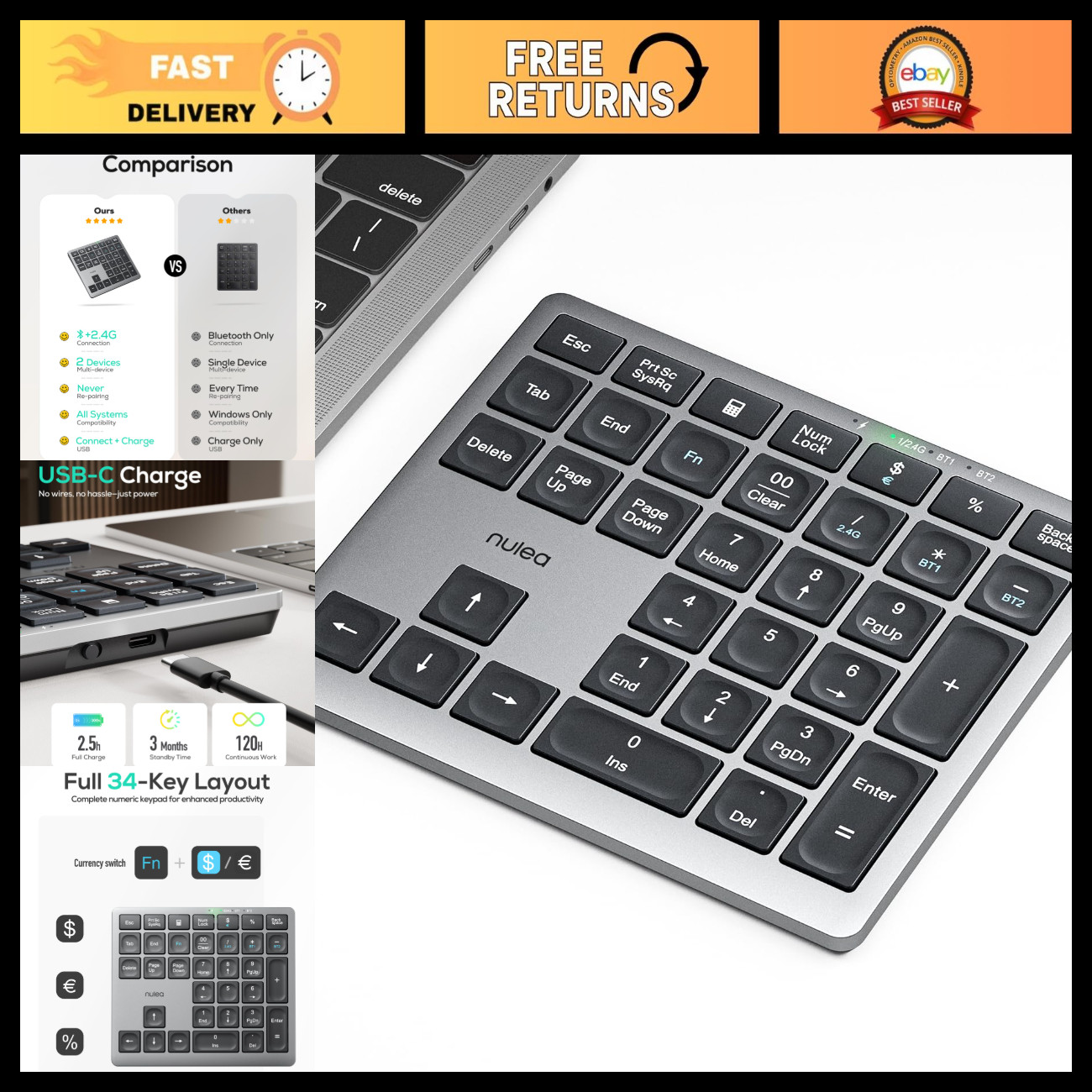 Wireless Bluetooth Number Pad for Laptop - Dual 2.4G & 5.0 Connectivity, Slim De