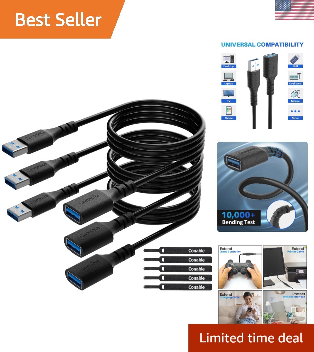 3 Pack USB 3.0 Extension Cable 15 Feet, USB A Male to Female Extender Cord, 5...