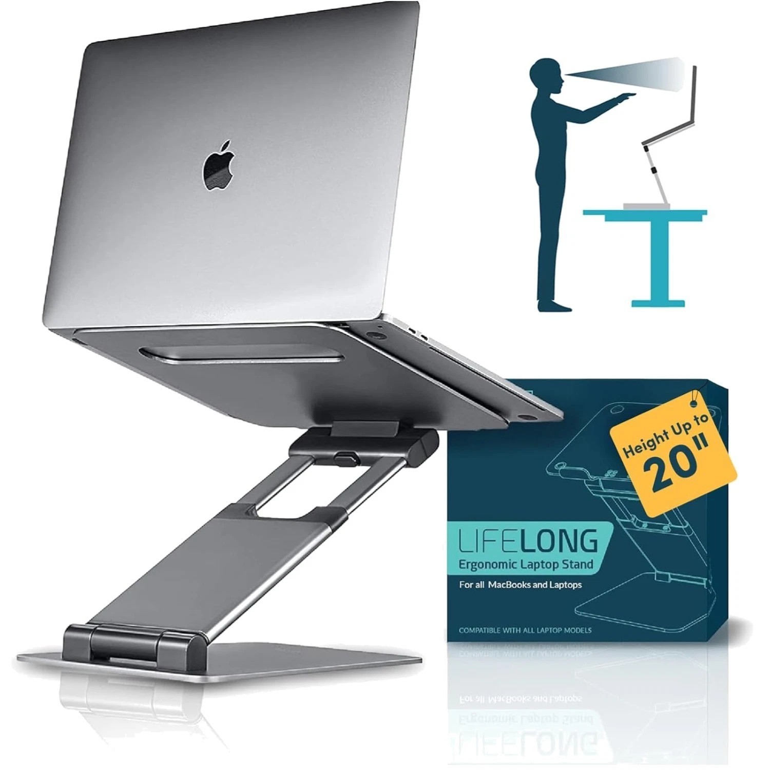 Lifelong Ergonomic Adjustable Laptop Stand for Desk, Extra Tall 20” Height Alumi