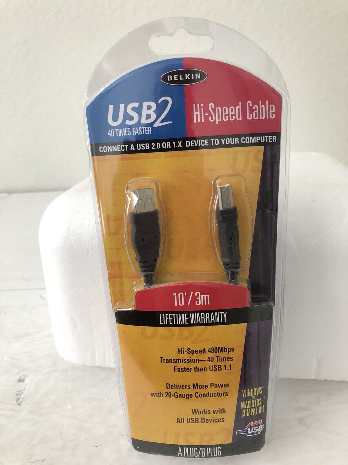 BELKIN USB 2 High Speed 2.0 Cable 10ft /  A Plug /B Plug 480 Mbps  New SEALED 