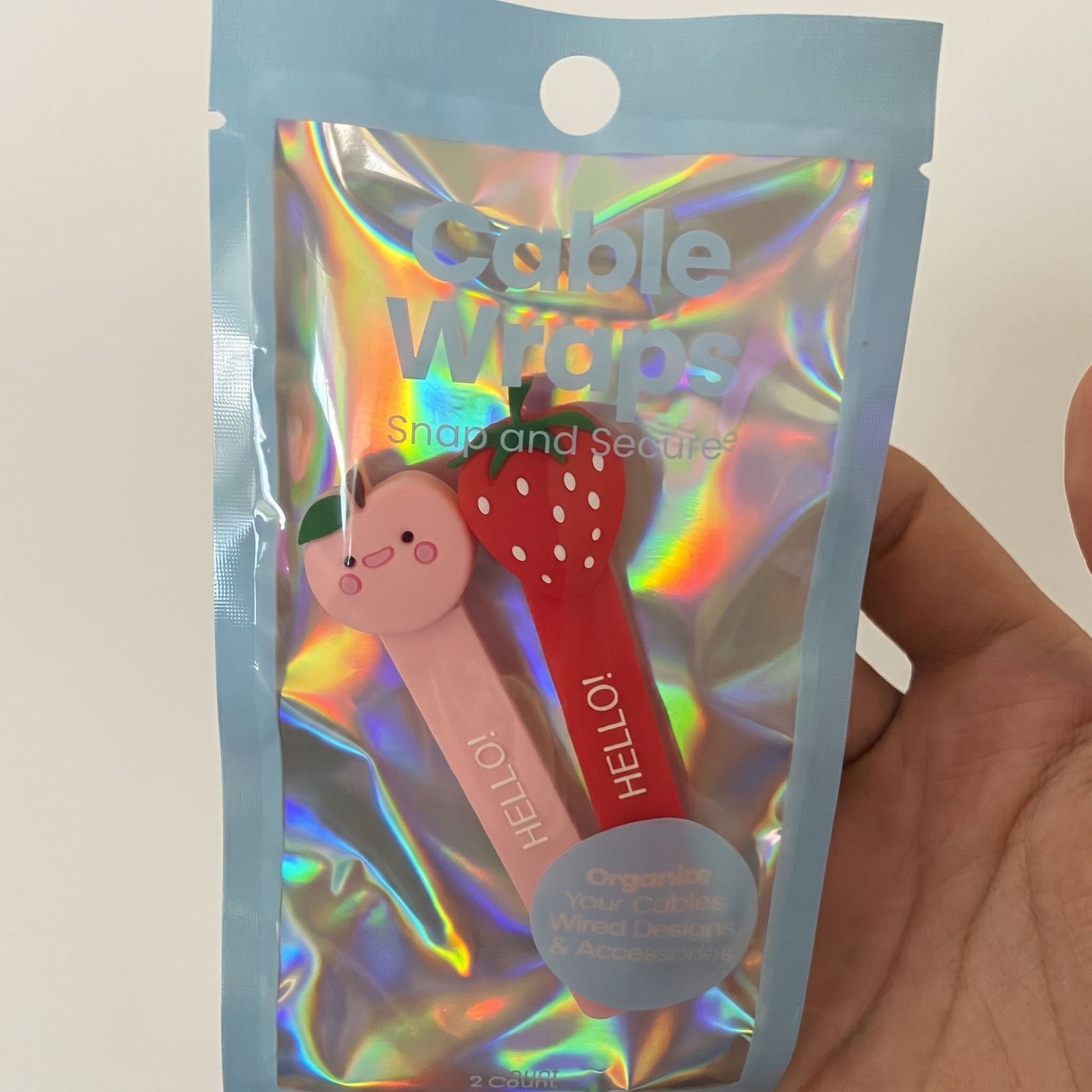 GEMS Cable Wraps 2 Count Fruit Themed Snap & Secure *NEW* Strawberry