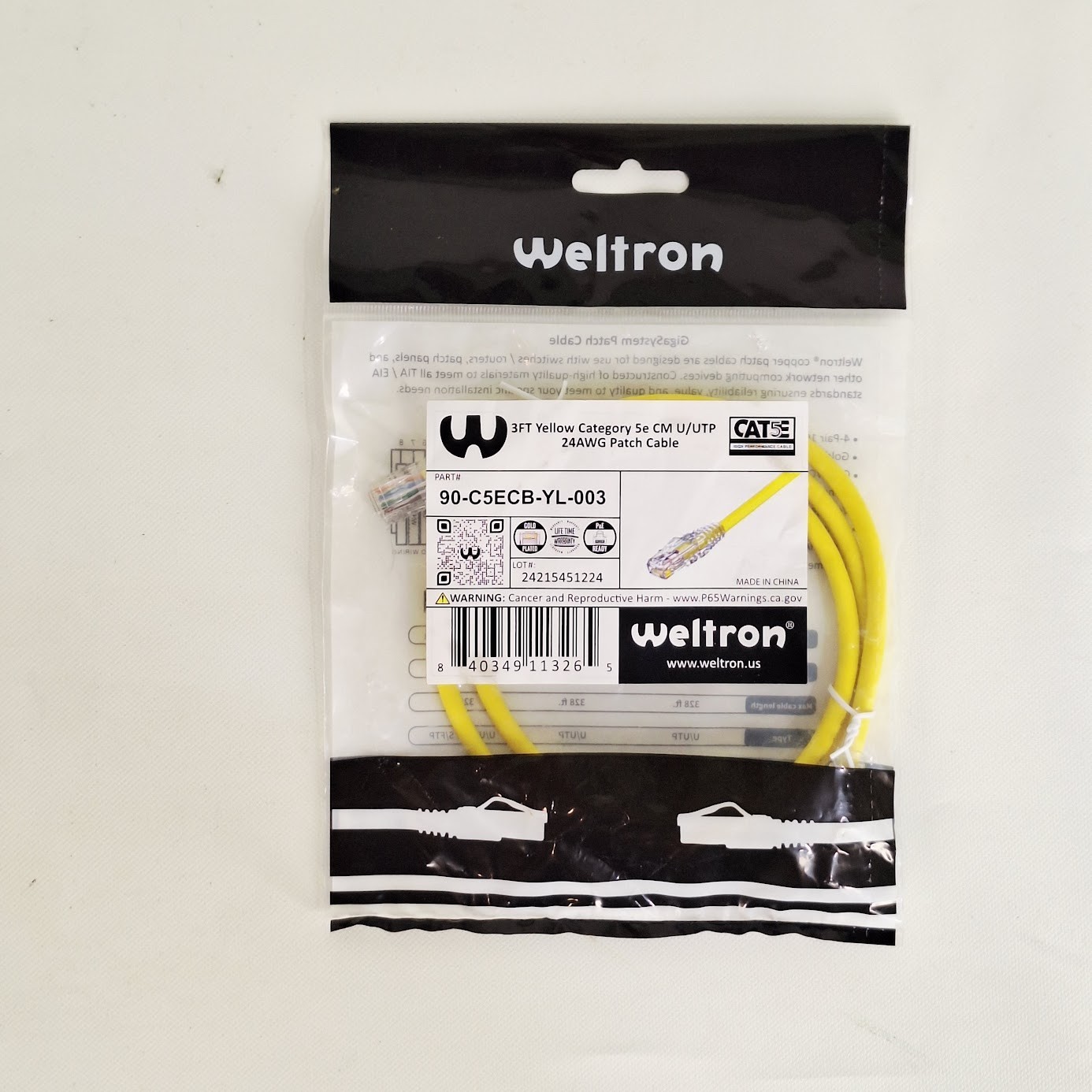 5 Weltron 3ft Yellow Cat5e UTP Patch Cable Snagless Network Ethernet RJ45 New