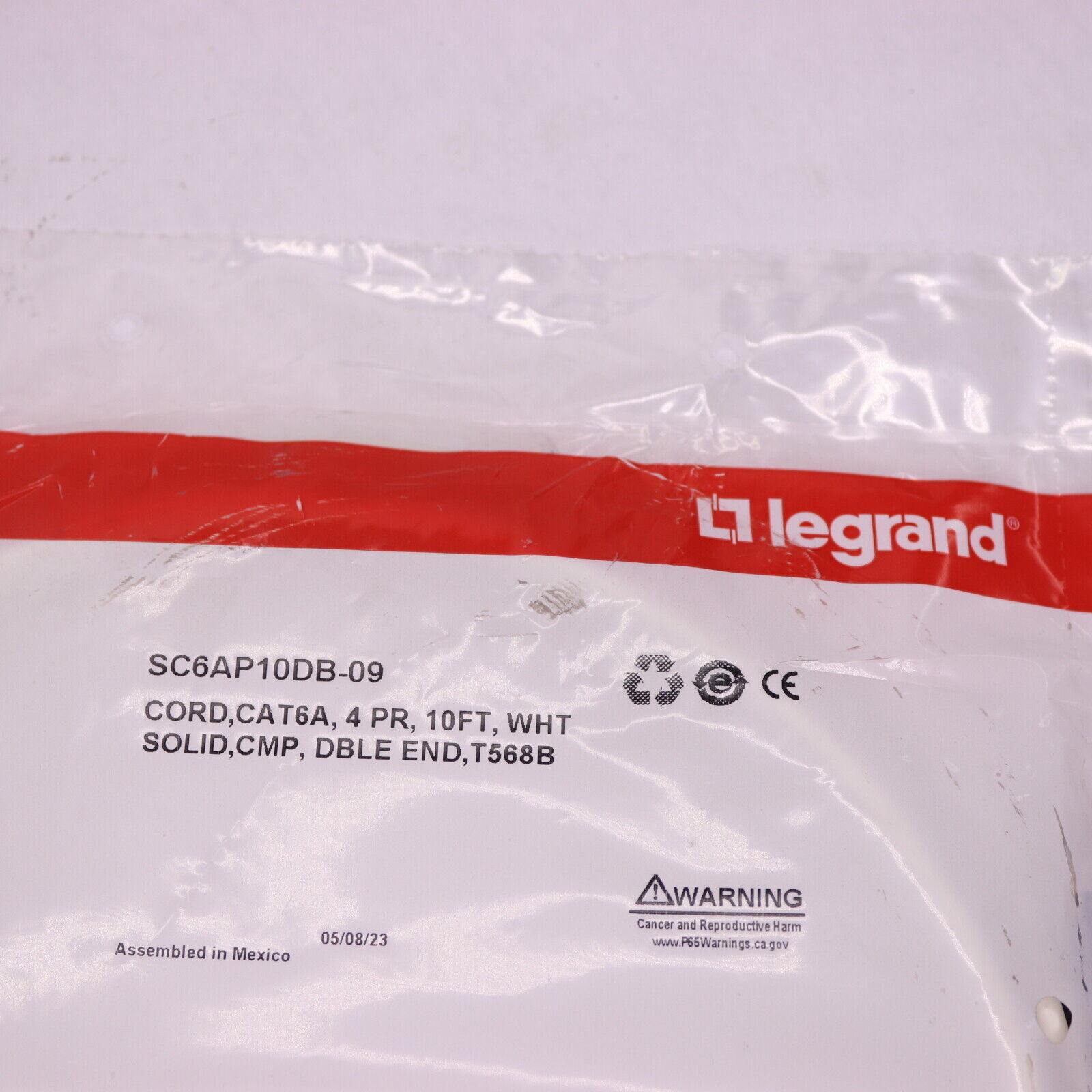 Legrand Cord Solid Double End CAT6A White 10\' SC6AP10DB-09