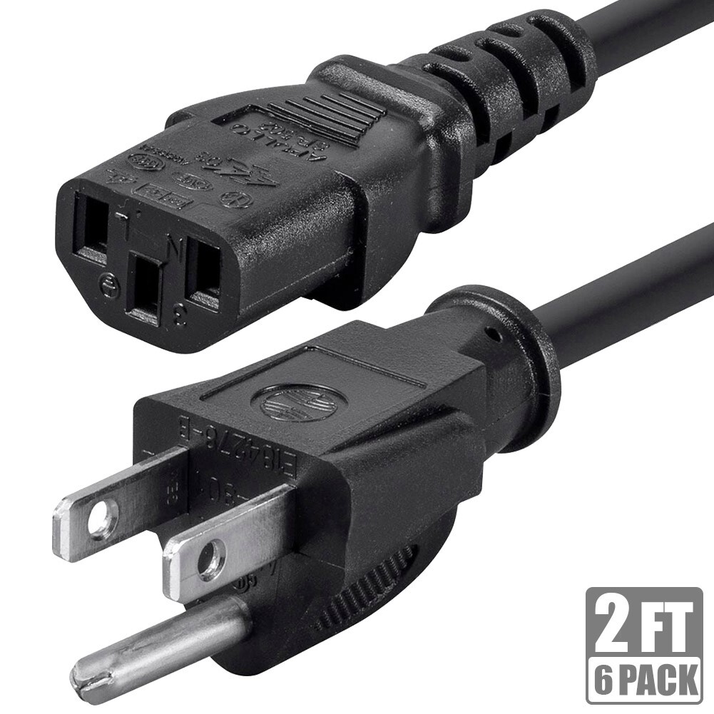 6 Pcs 2FT Power Cable Cord NEMA 5-15P Male to IEC 320 C13 Female 3-Prong 14AWG