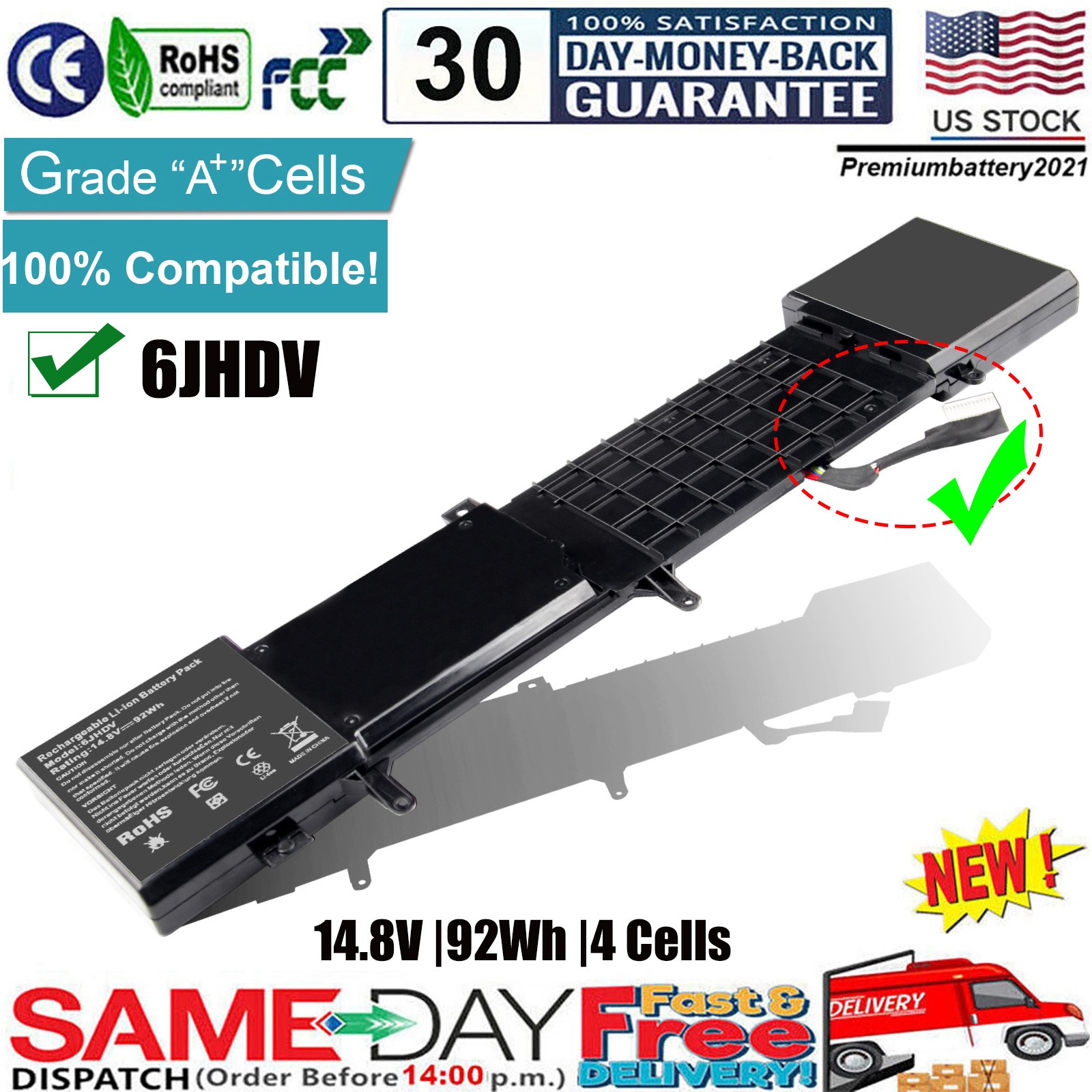 ✅6JHDV Battery For Dell Alienware 17 R2 R3 ALW17ED-1728 6JHCY P43F P43F001 92Wh