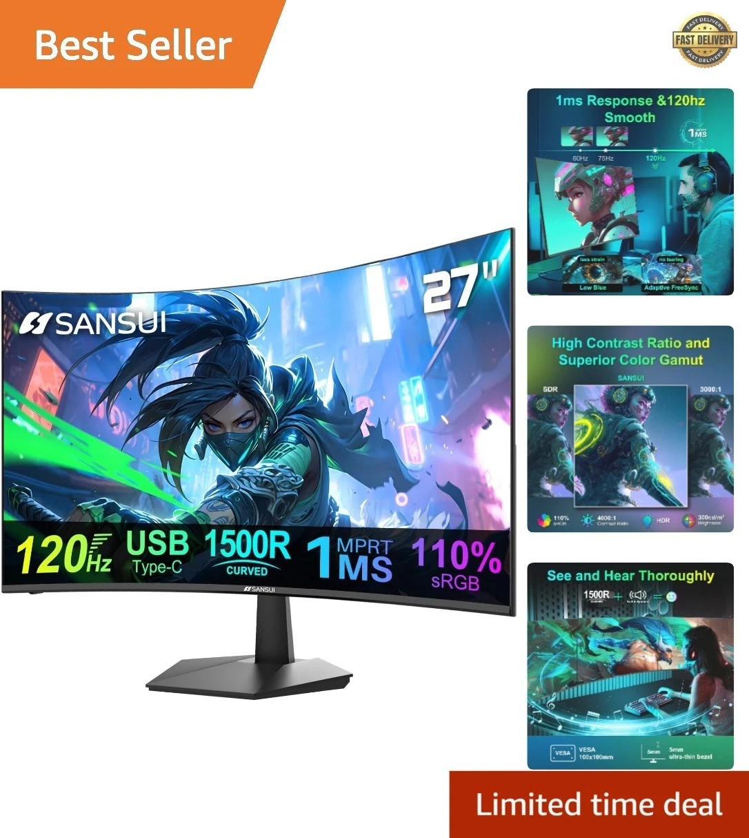 27" Curved 120Hz Monitor with Built-in Speakers - FHD 1080p for Gaming & Work
