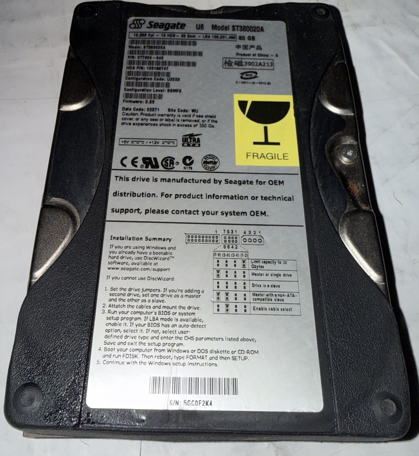 Vintage Seagate ST380020A 80GB 3.5in IDE PATA Internal Desktop Drive