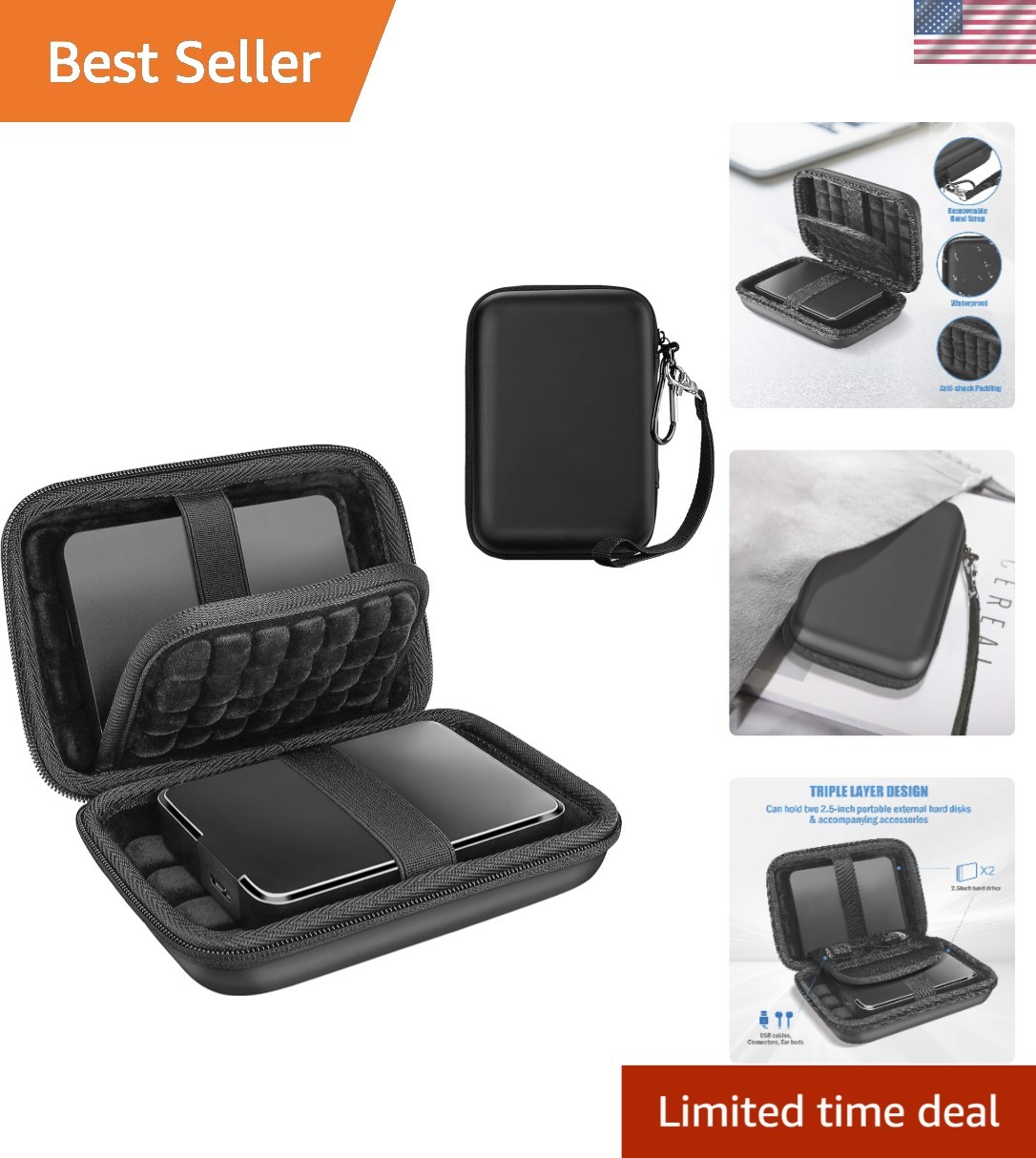Lightweight Dual Hard Drive Case with Mesh Pocket for Accessories - Black