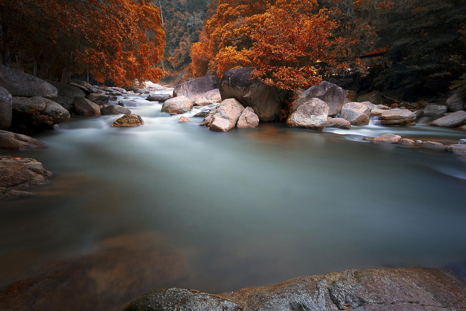 Landscape river creeks fall red leaves rocks Custom Gaming Mat Desk