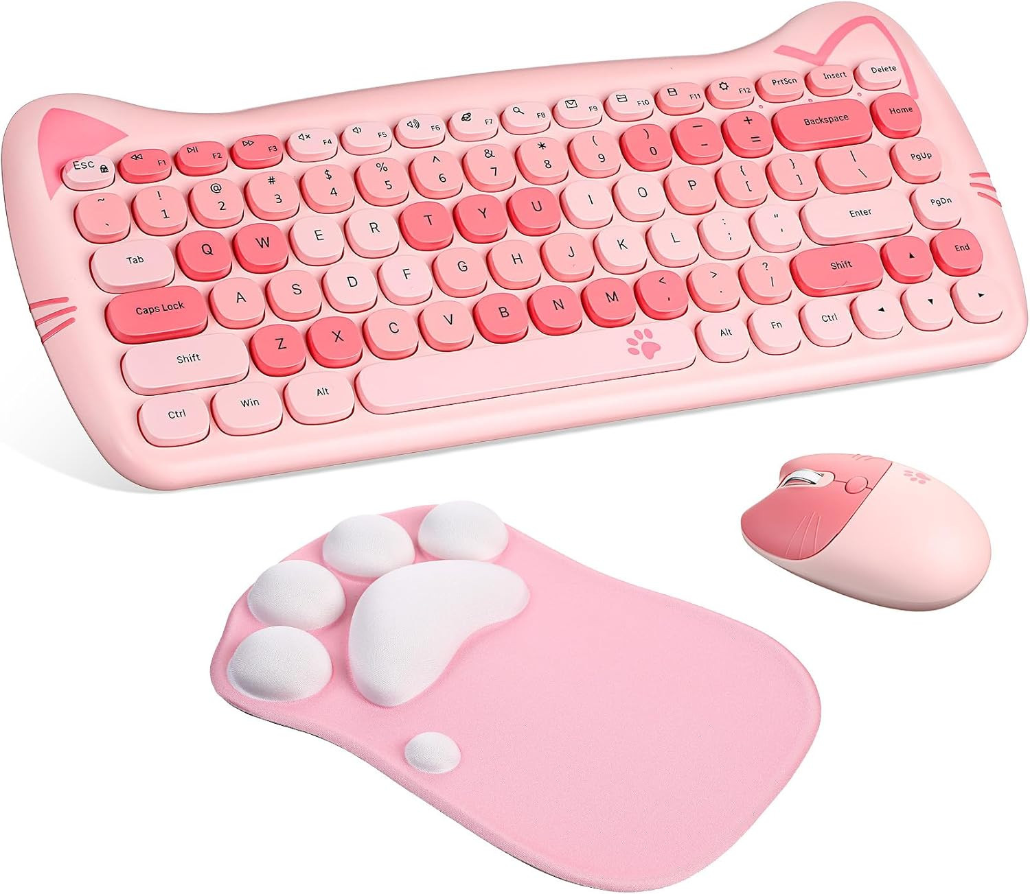 3 Pcs Cute Cat Keyboard and Mouse Combo, USB Wireless with Cat Paw Mouse Pad, Si