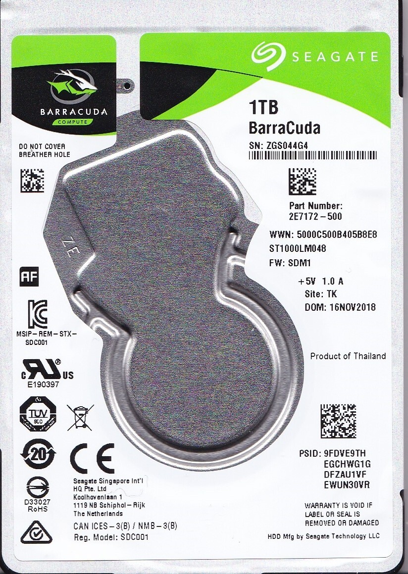 ST1000LM048 p/n: 2E7172-500 f/w: SDM1 s/n: ZGS TK NOV/ 2018 1TB SATA 2.5 Seagate