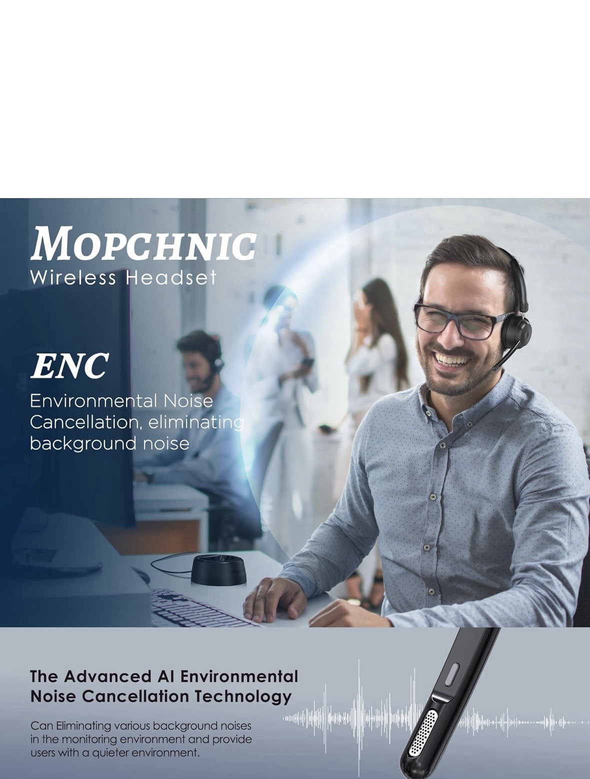 Mopchnic Wireless Bluetooth Headset On-Ear AI Noise-Canceling Mic Connects 2