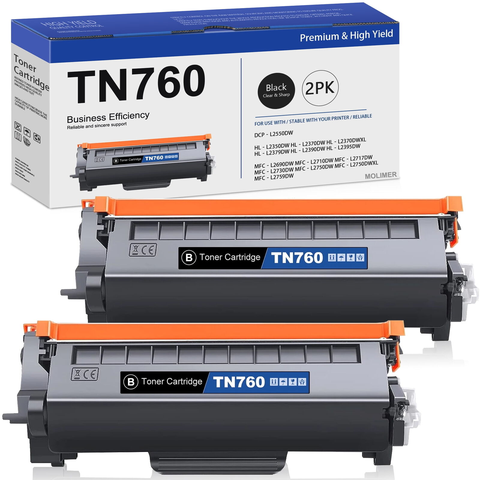 TN760 2Black Toner Cartridge Replacement for Brother MFC-L2710DW Printer