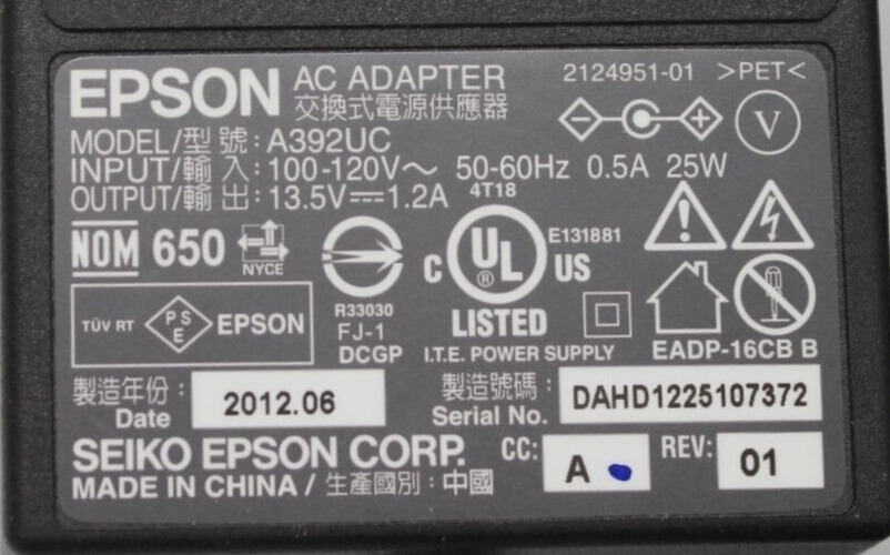 Genuine Epson A392UC AC Adapter 13.5V 1.2A 25W Scanner Power Supply