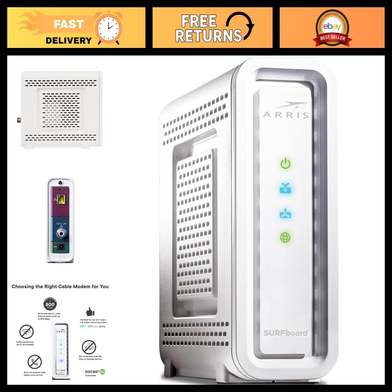 High-Speed DOCSIS 3.0 Cable Modem, 32x8, 1 Gbps Port, 800 Mbps Max Speed, Renewe