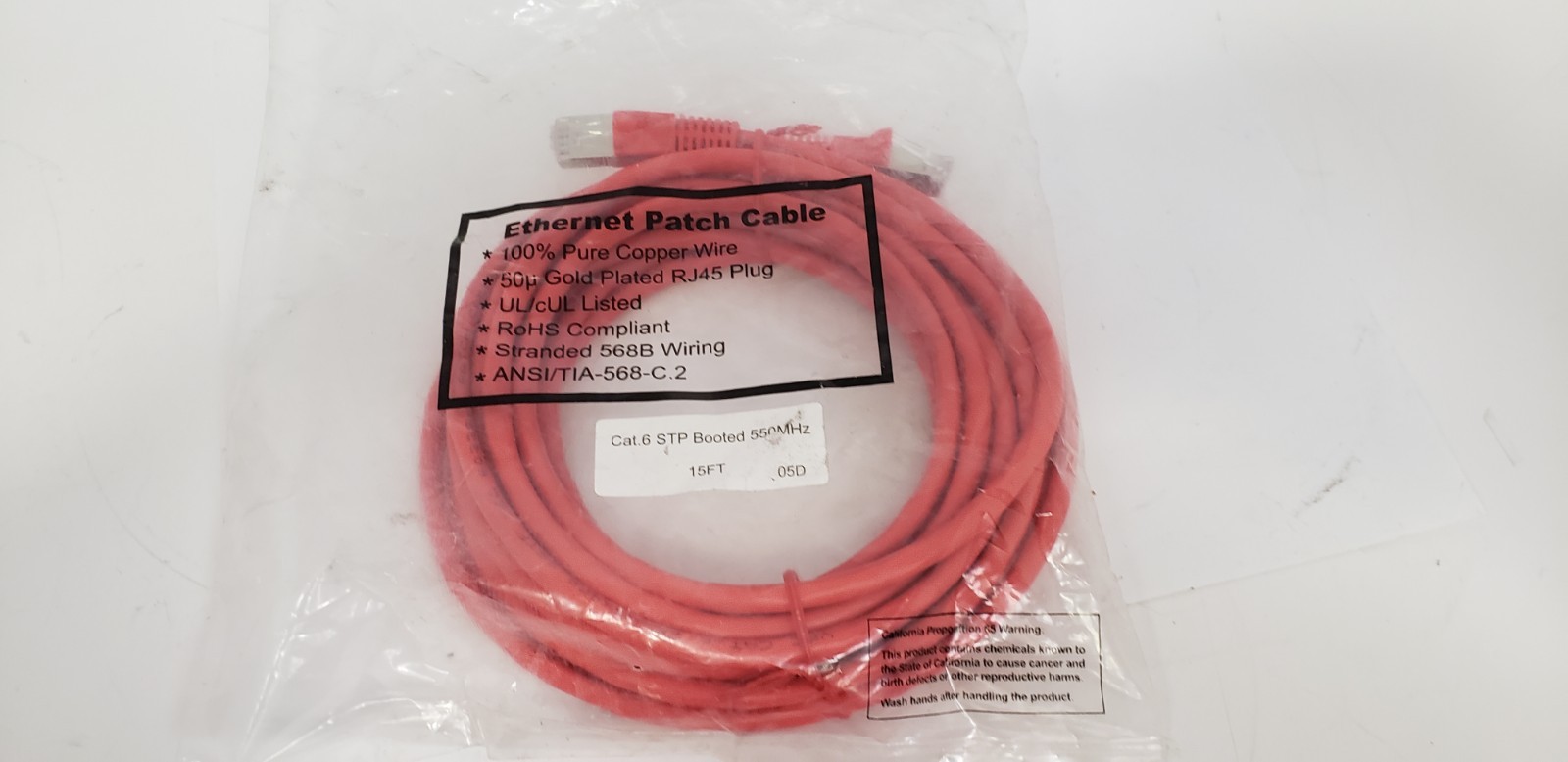 ANSI/TIA-568-C.2 RED ETHERNET PATCH CABLE, CAT 6 STP BOOTED, RJ45 PLUG, 15', NIB