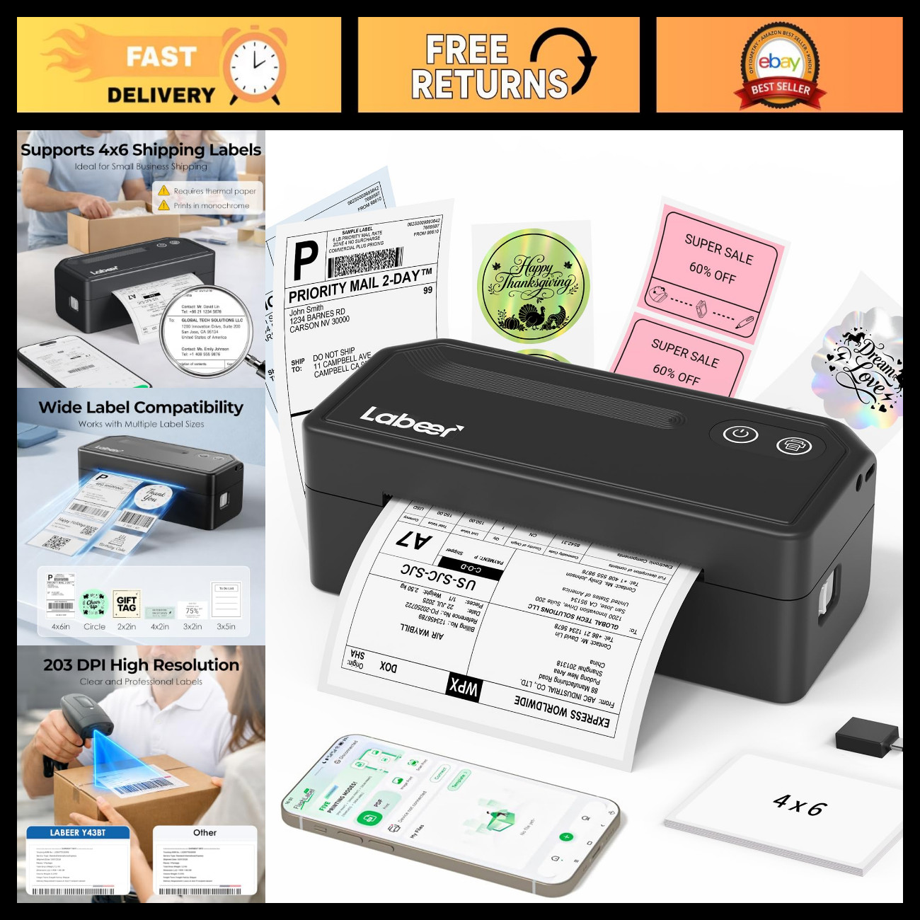 Wireless Bluetooth Thermal Shipping Label Printer - 4x6 Label Maker, Fast & Comp