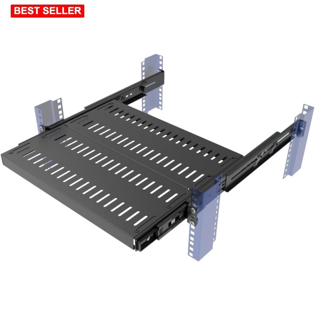 Rack Mount Shelf 15-22 Inches Deep Adjustable Ventilated Metal Black