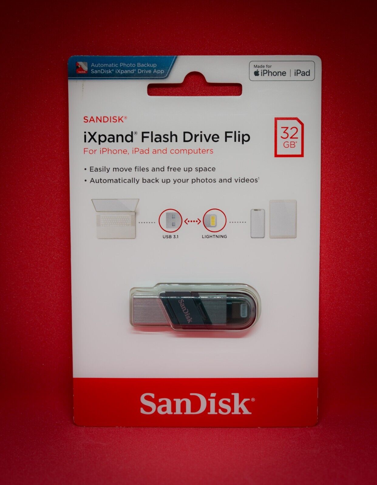 Sandisk iXpand Flash Drive Flip 32Gb for iPhone, iPad and PC USB 3.1 Silver