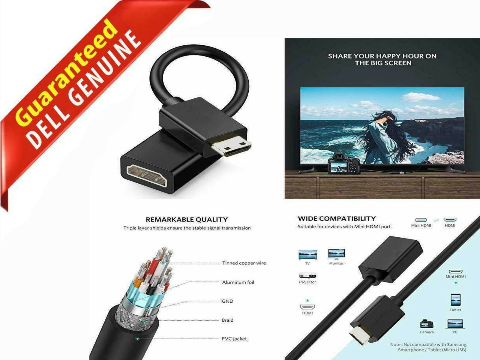 Lot x 2 New Dell HDMI to Mini HDMI Display Computer Cable DDR4T RHB28