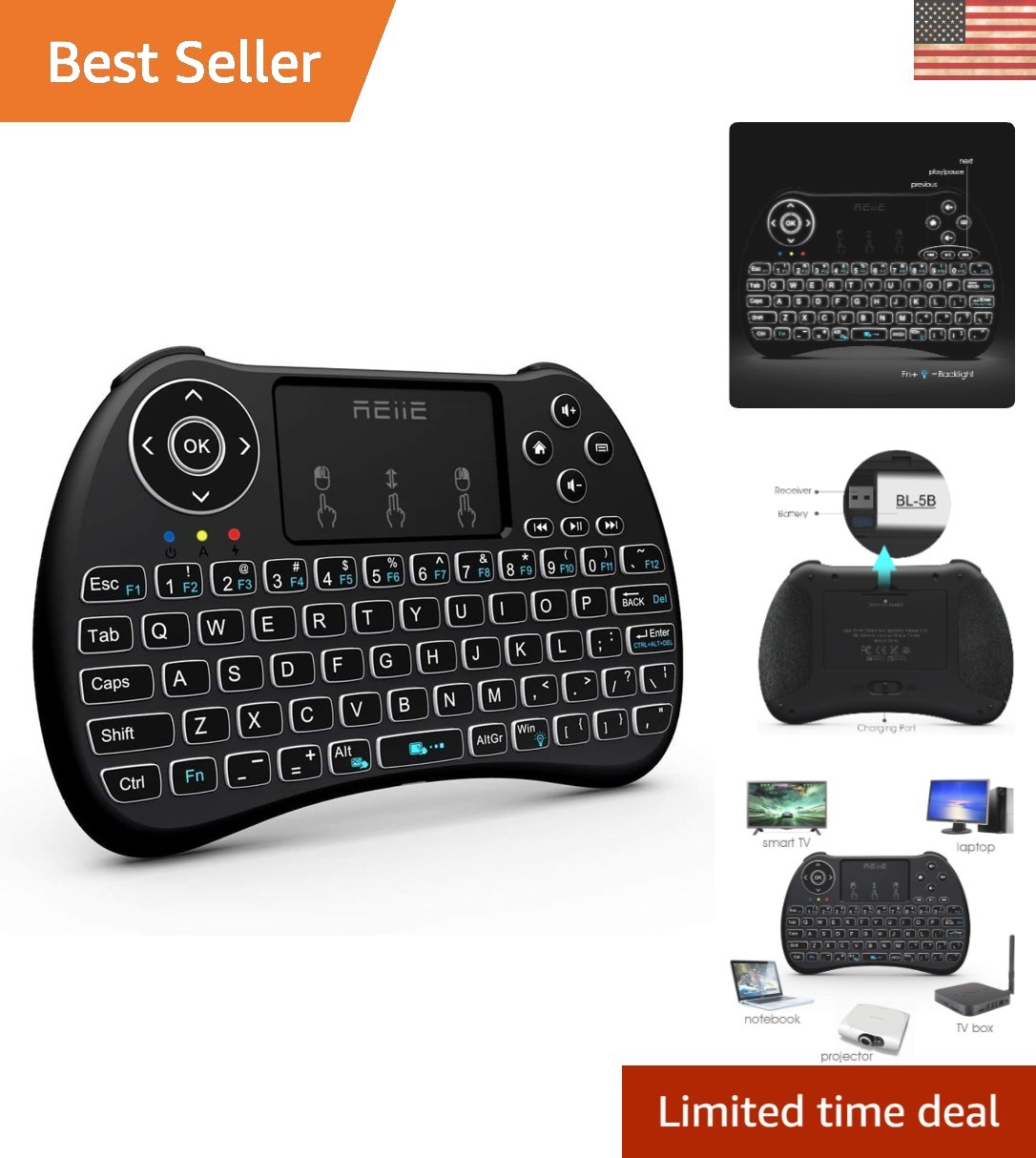 Multi-Function Mini Wireless Keyboard with Touchpad - Ambidextrous QWERTY Design