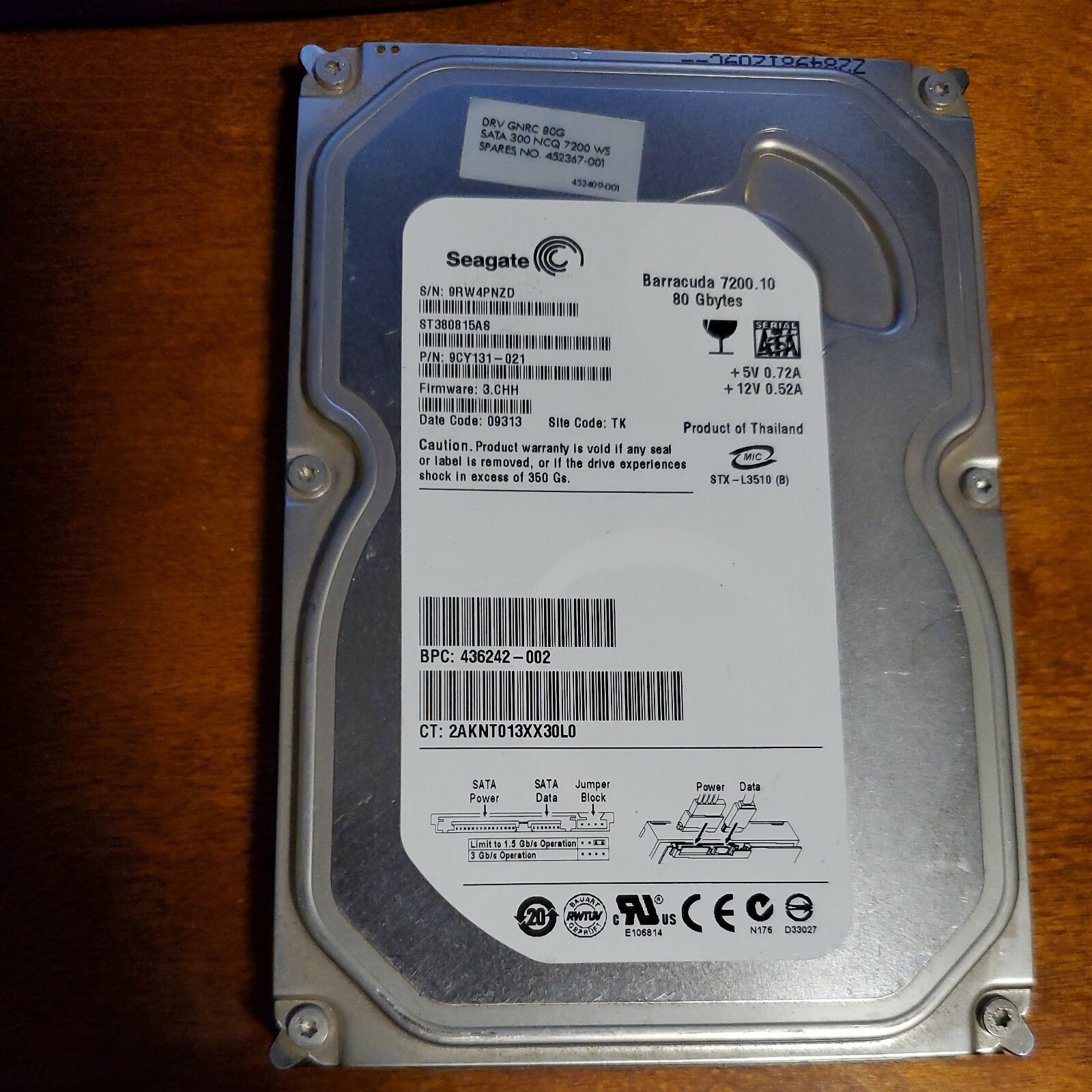 Seagate ST380815AS 9CY131-021 Barracuda 80GB 7.2K RPM SATA Hard Drive SATA