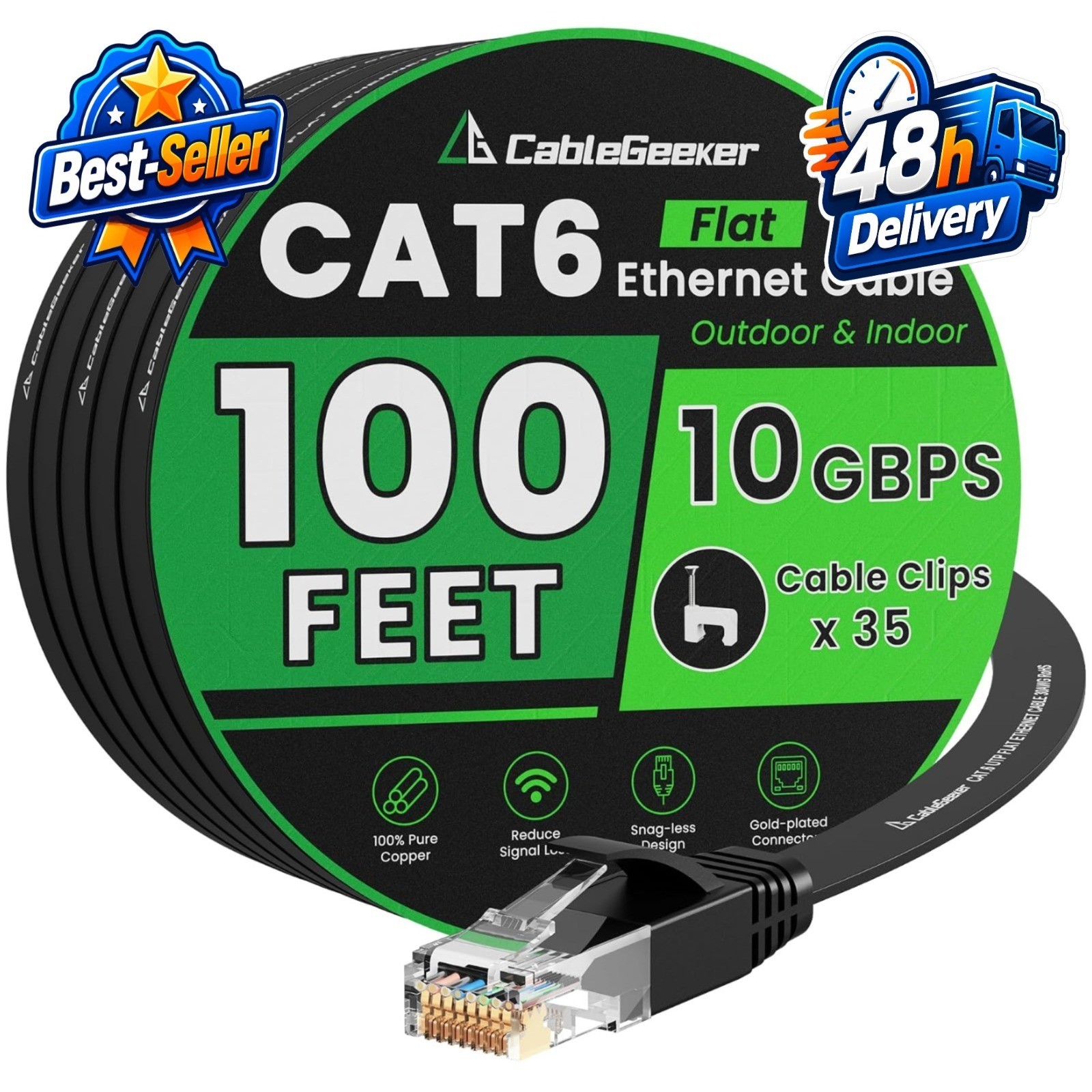 CableGeeker Cat 6 Ethernet Cable 100ft, High Speed 10Gbps, Flat Design