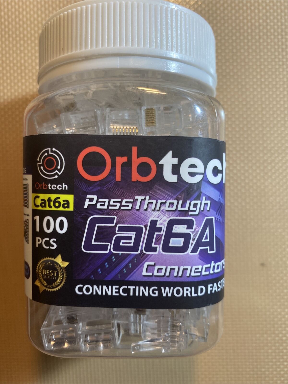 Orbtech Pass Through Cat6A Plastic Jar Of 100 Platinum RJ45 Connectors New