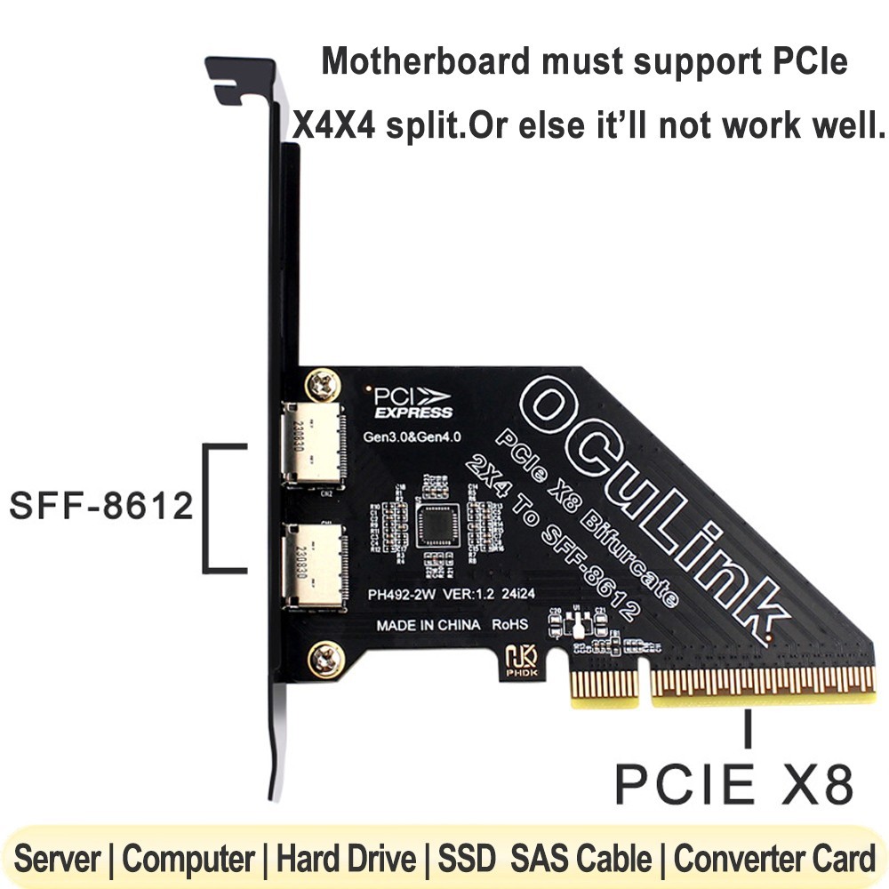 PCIe4.0 X8 To Oculink SFF-8611&8612 Adapter Card 2-Port SFF-8612 Expansion Card