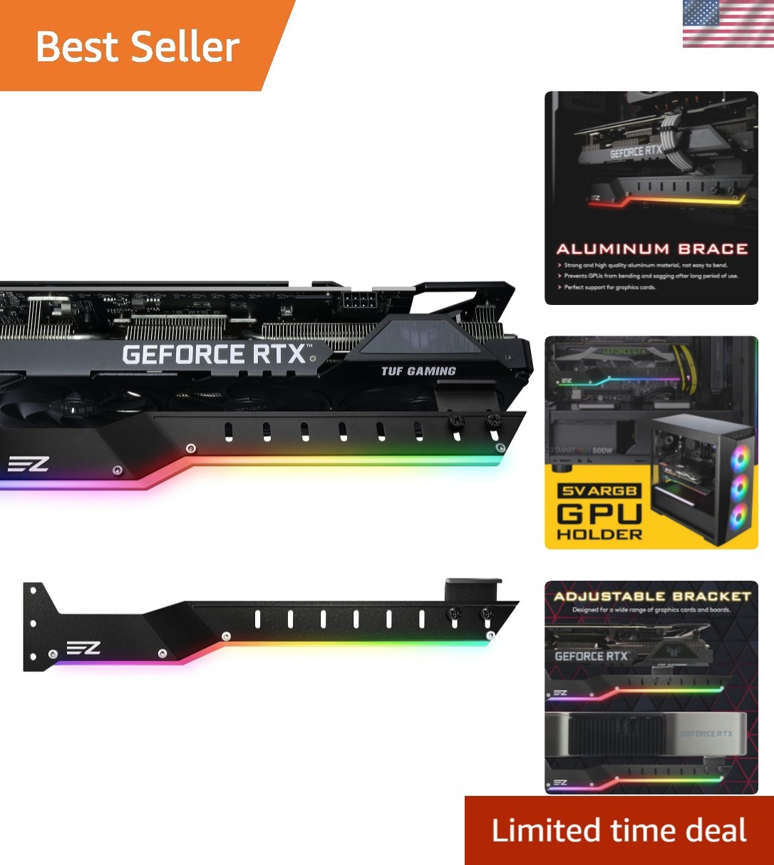 309EZ ARGB GPU Holder Brace, Graphics Card Support Bracket, Black