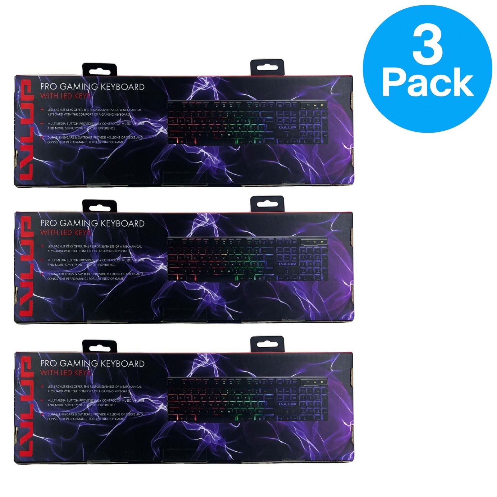 LVLUP Pro Gaming Keyboard with LED Backlit Keys - Rainbow RGB - 3 Pack Bundle