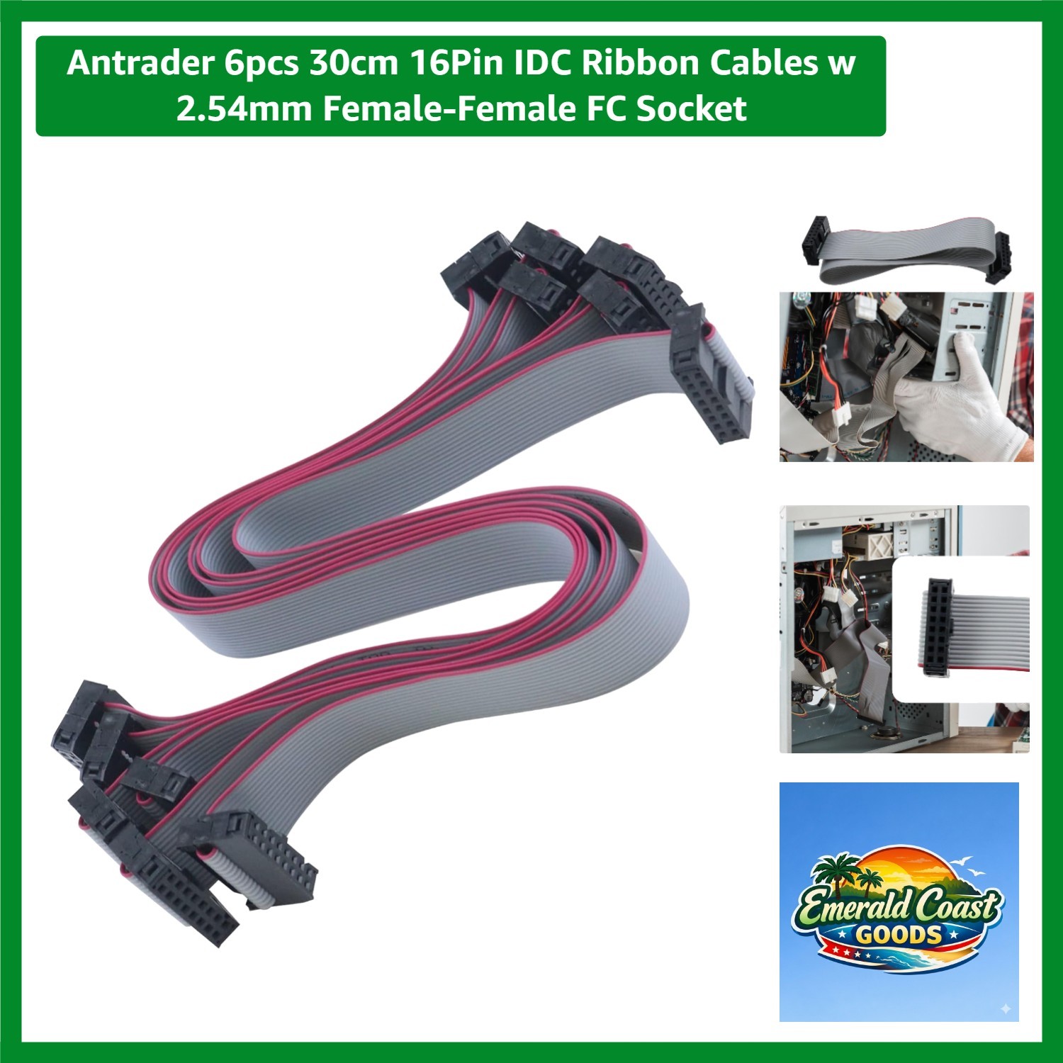 Durable 6-Pack 30cm 16-Pin Female IDC Ribbon Cables - Perfect for Monitors