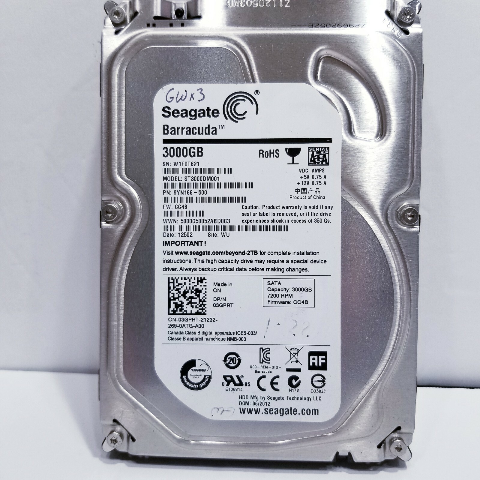 SEAGATE ST3000DM001 3TB SATA  P/N: 9YN166-500  FW: CC4B SITE:WU