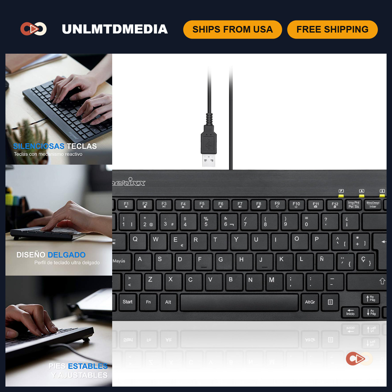 Mini USB Wired Keyboard - Compact QWERTY Spanish Layout - Black, Ergonomic Desig
