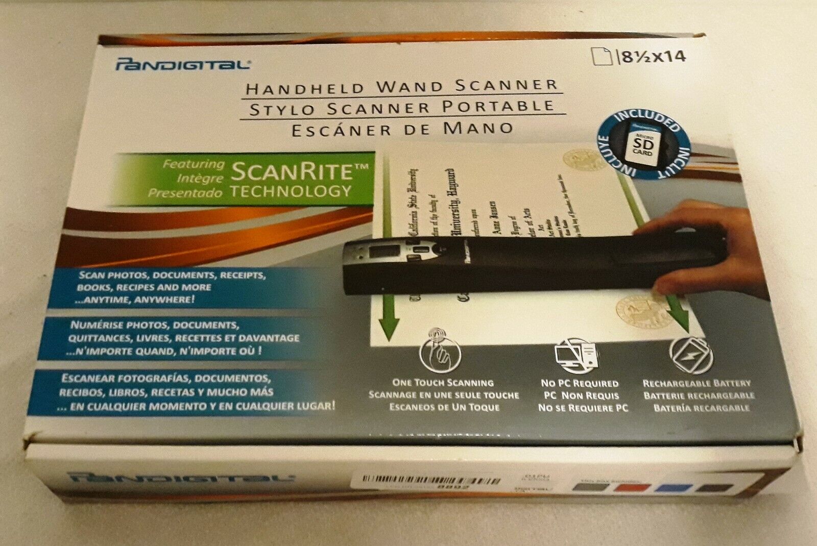Pandigital Handheld Wand Scanner PANSCN08 Black 8.5x 14 Rechargeable Battery 