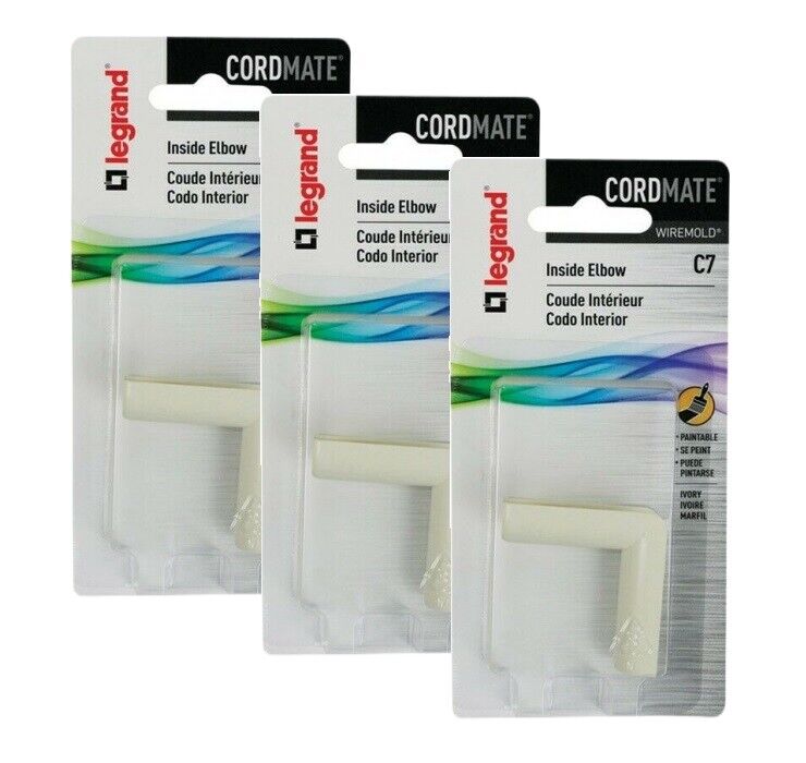 Legrand Wiremold C7 CordMate Plastic Cord Cover Inside Elbow, Ivory (3-Pack)