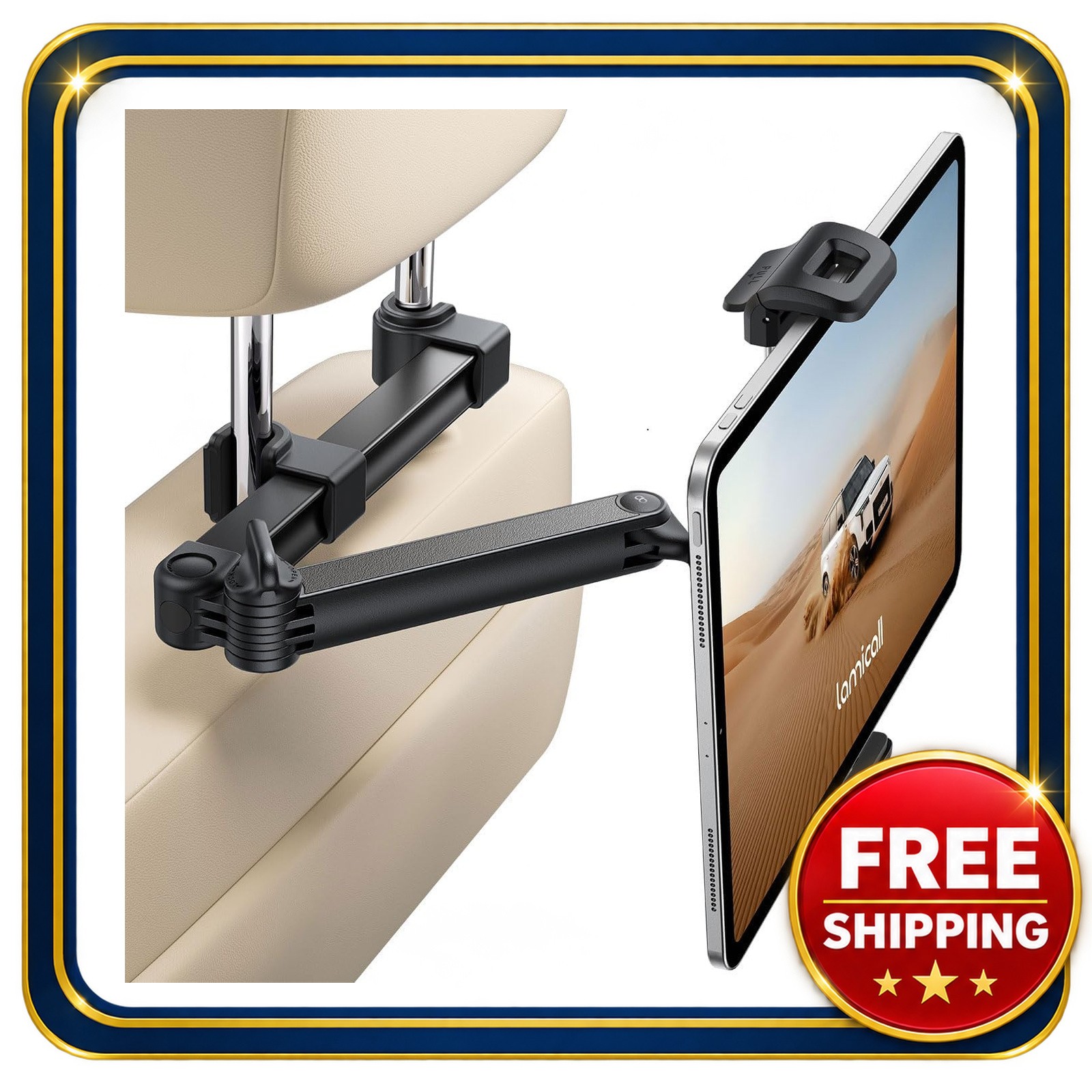 Car Headrest Tablet Holder 5.4-13 inch Foldable Lockable Metal Crossbar