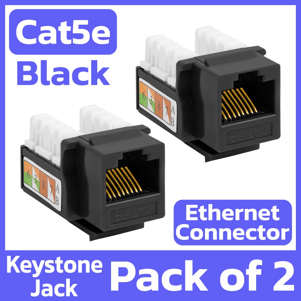 2 Pack Cat5e Keystone Jack Black Ethernet Jack Network Connector RJ45 Coupler