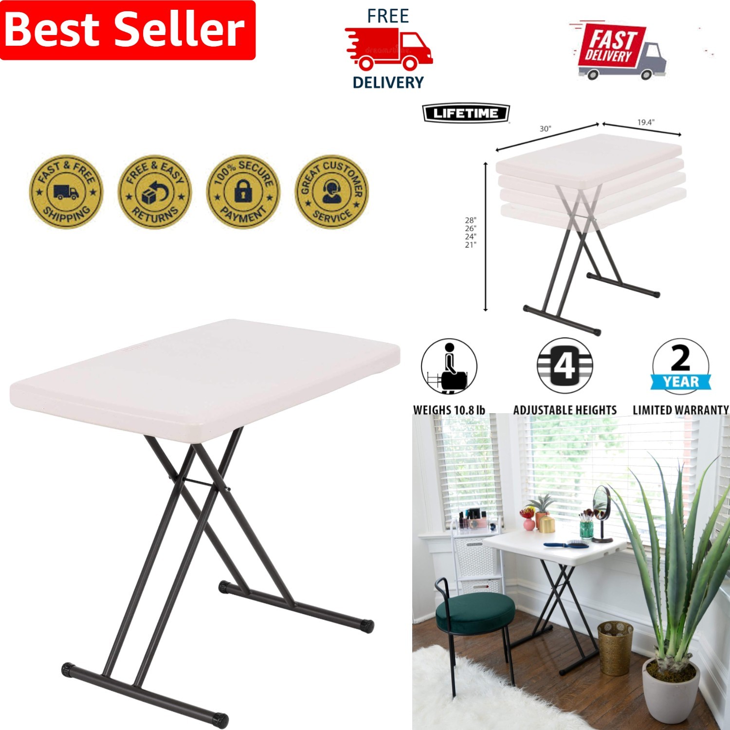 Durable 30-Inch Almond Folding Laptop Table with Adjustable Height Options