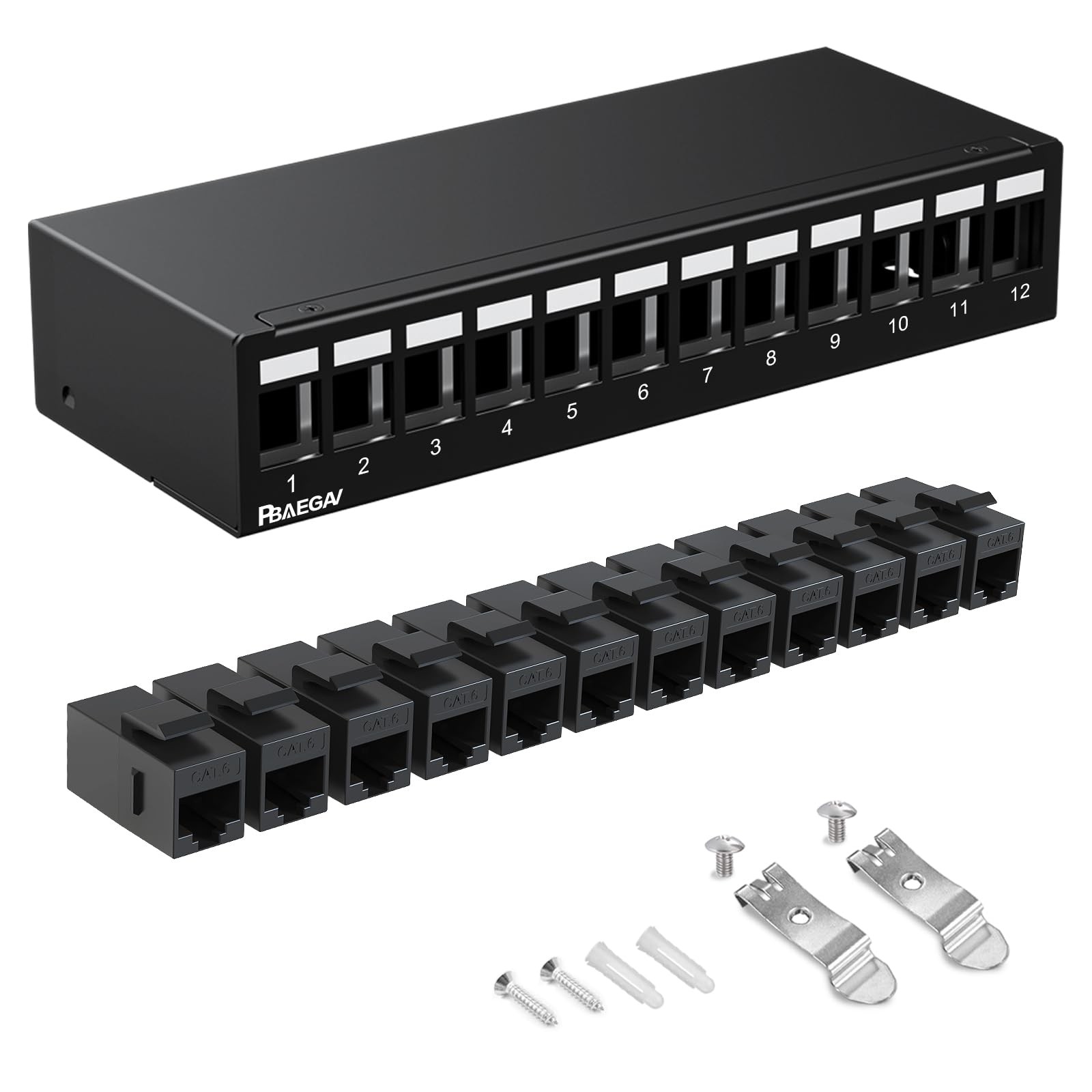 PBAEGAV Patch Panel 12 Port with 12pcs Cat6 Keystone Jack【EC Listed】 Unshielded