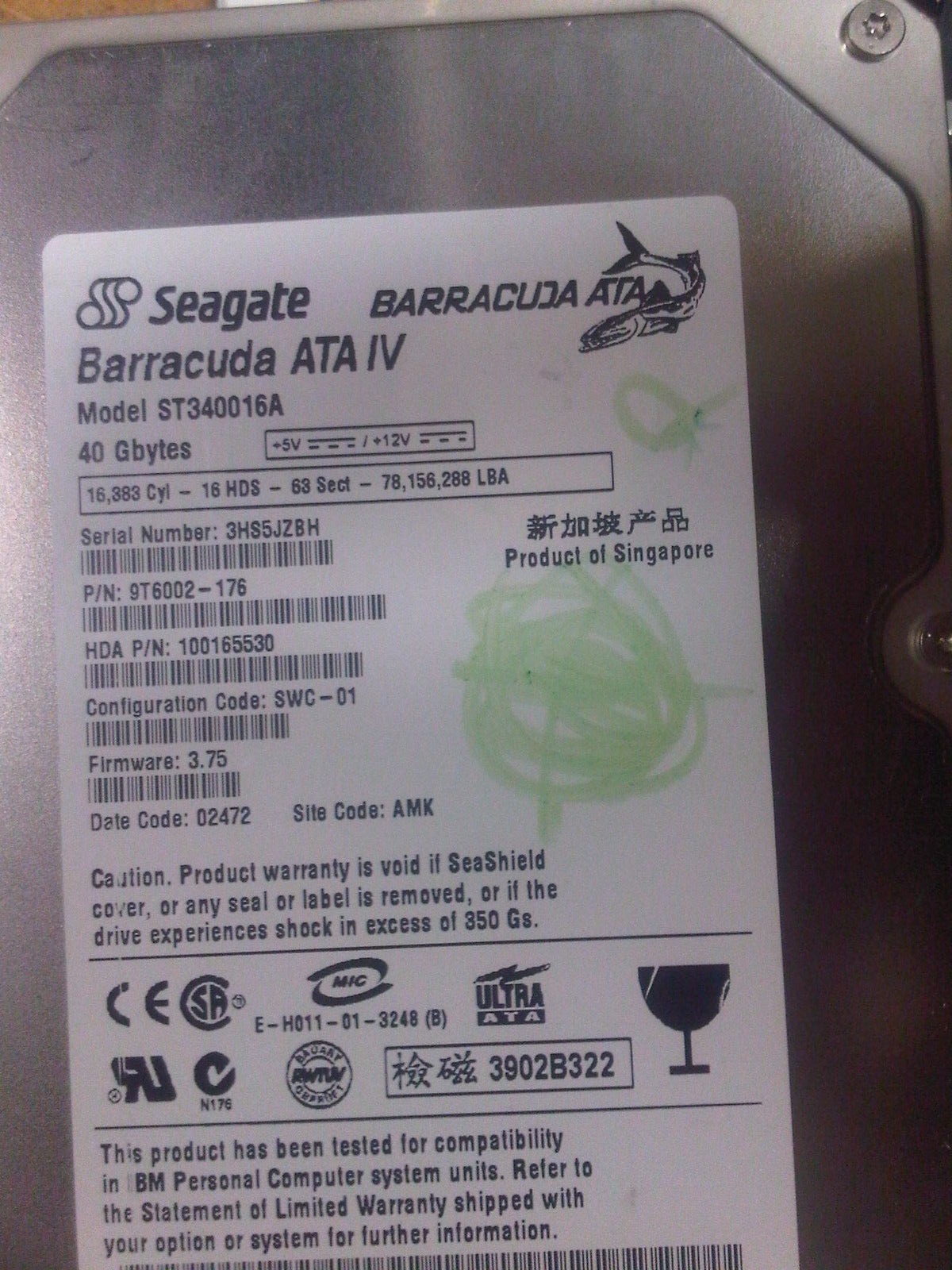 Seagate Barracuda ST340016A Hard Drive 9T6002-176 100165530 SWC-01 FW 3.75 02472