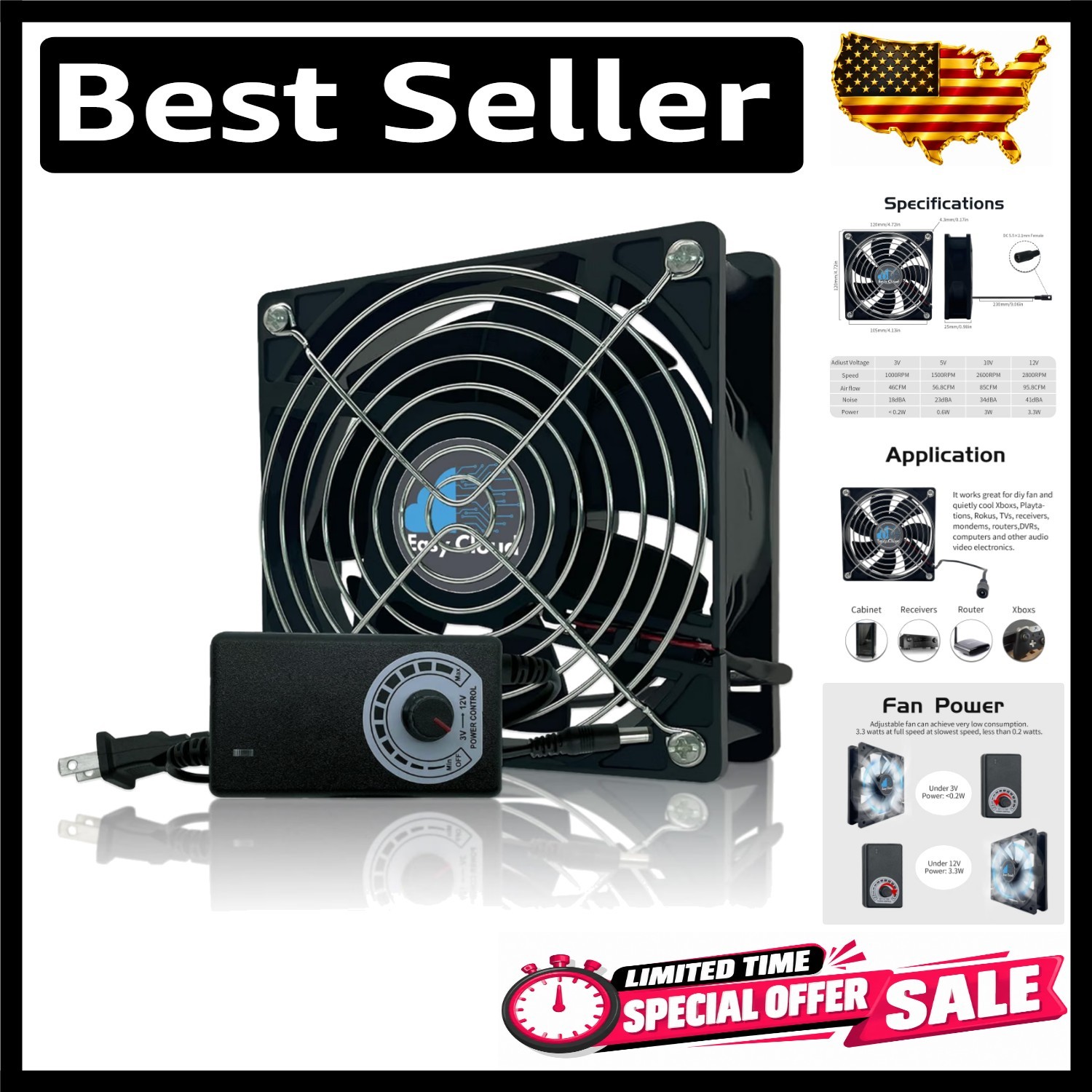 120mm Variable Speed AC Cooling Fan for PCs & Electronics - Whisper Quiet