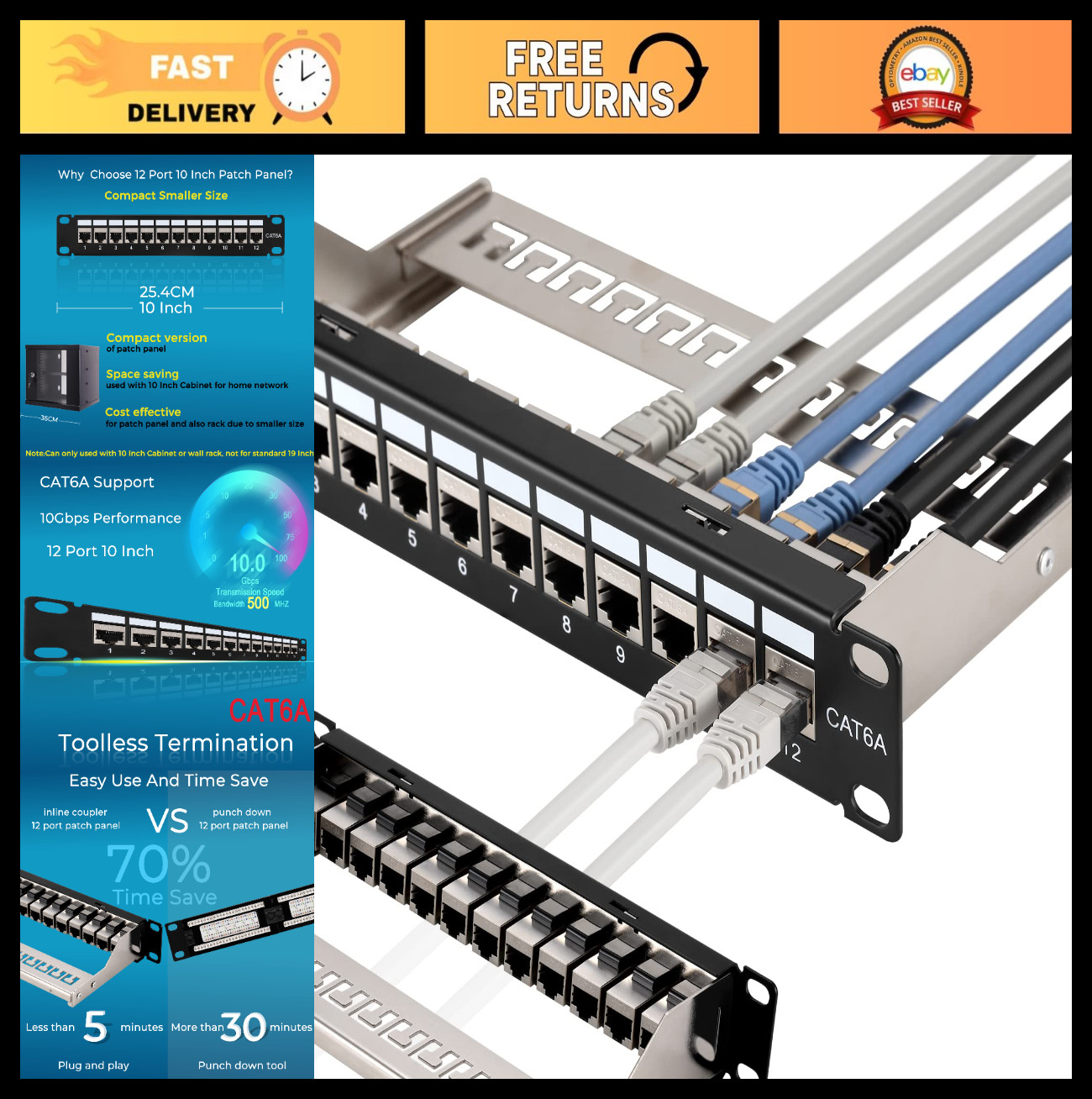 12-Port Cat6A Patch Panel, 10G Support, Shielded 1U Network Panel for Cat5e/Cat7