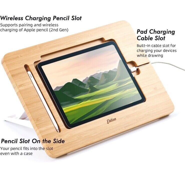 ELETIUO Adjustable Tablet Stand-Bamboo, 9.7-11 inch Tablets, Drawing, Charging