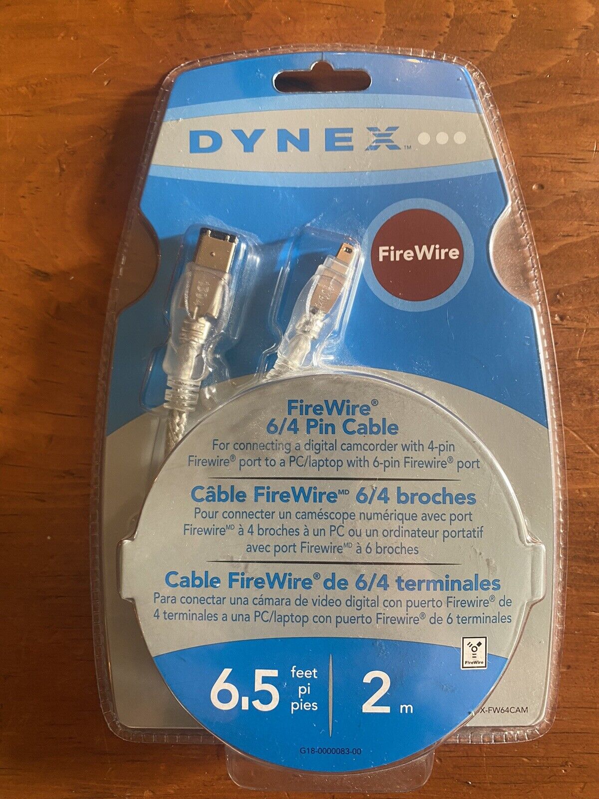 Dynex FireWire 6-Pin to 4-Pin Cable - 6.5ft (2M) DX-FW64CAM New Sealed