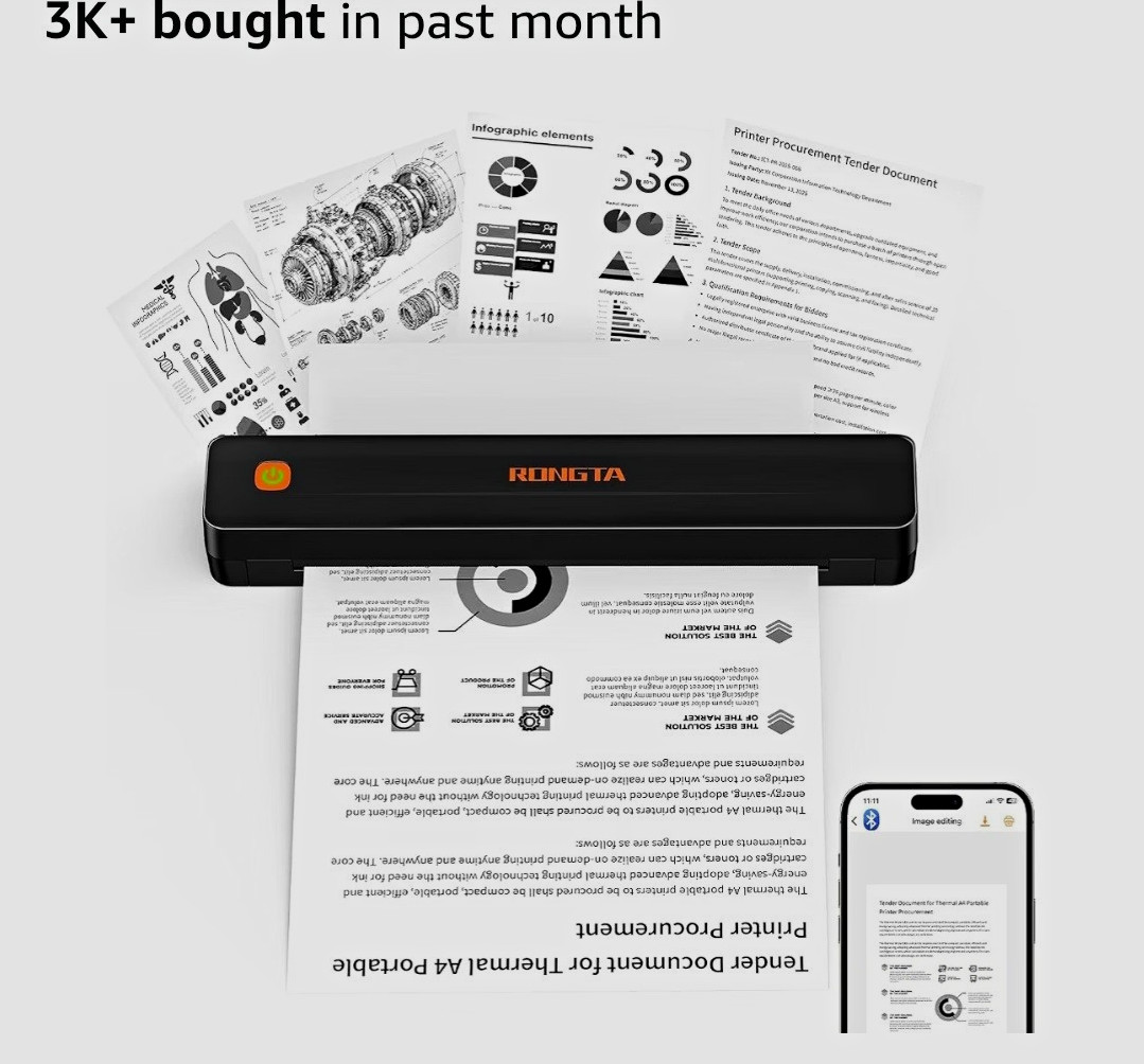Rongta F11 Portable Thermal Mobile Printer, Bluetooth/USB, A4 & Letter