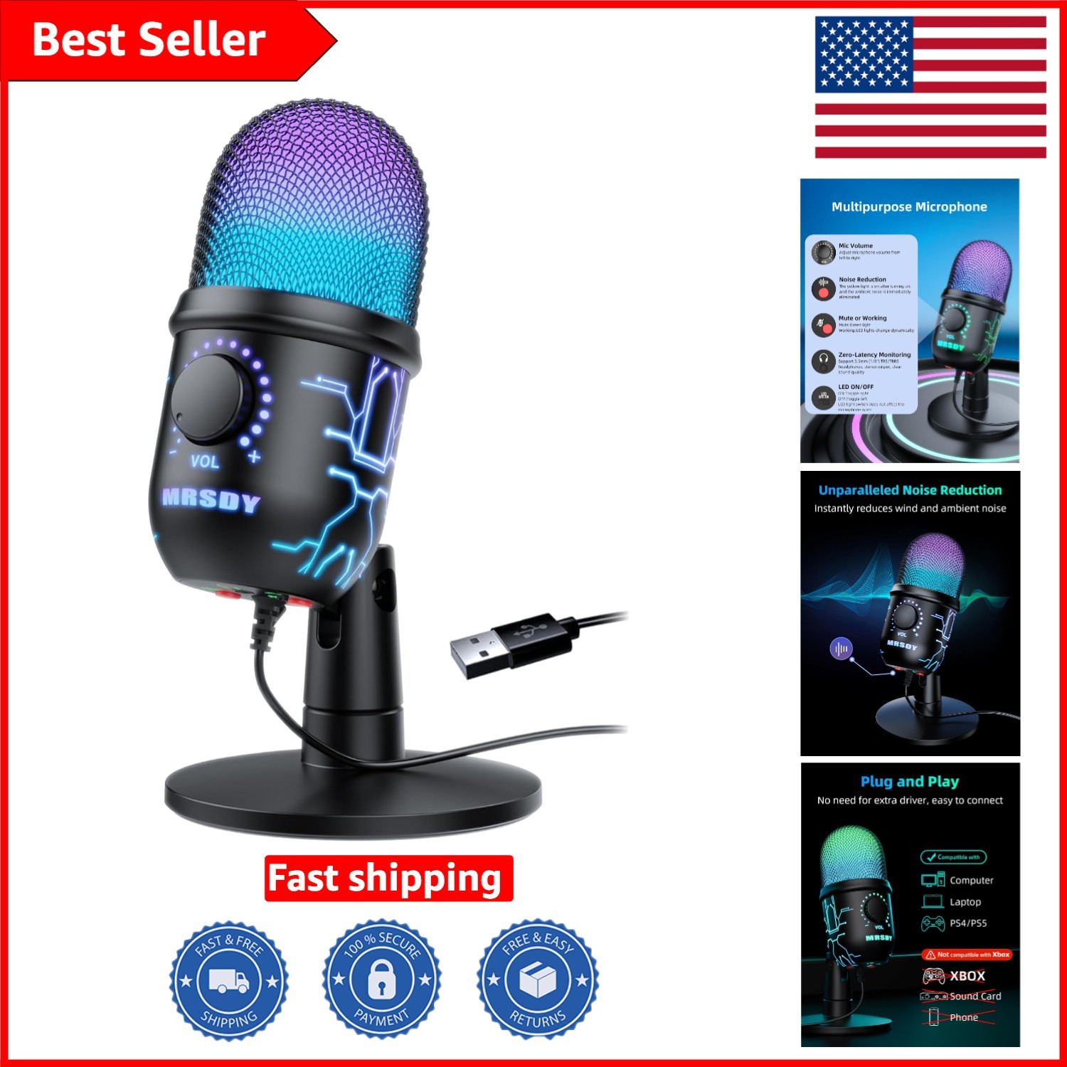 Elevate Your Streaming with RGB USB Microphone - Noise Cancelling, Mute Function