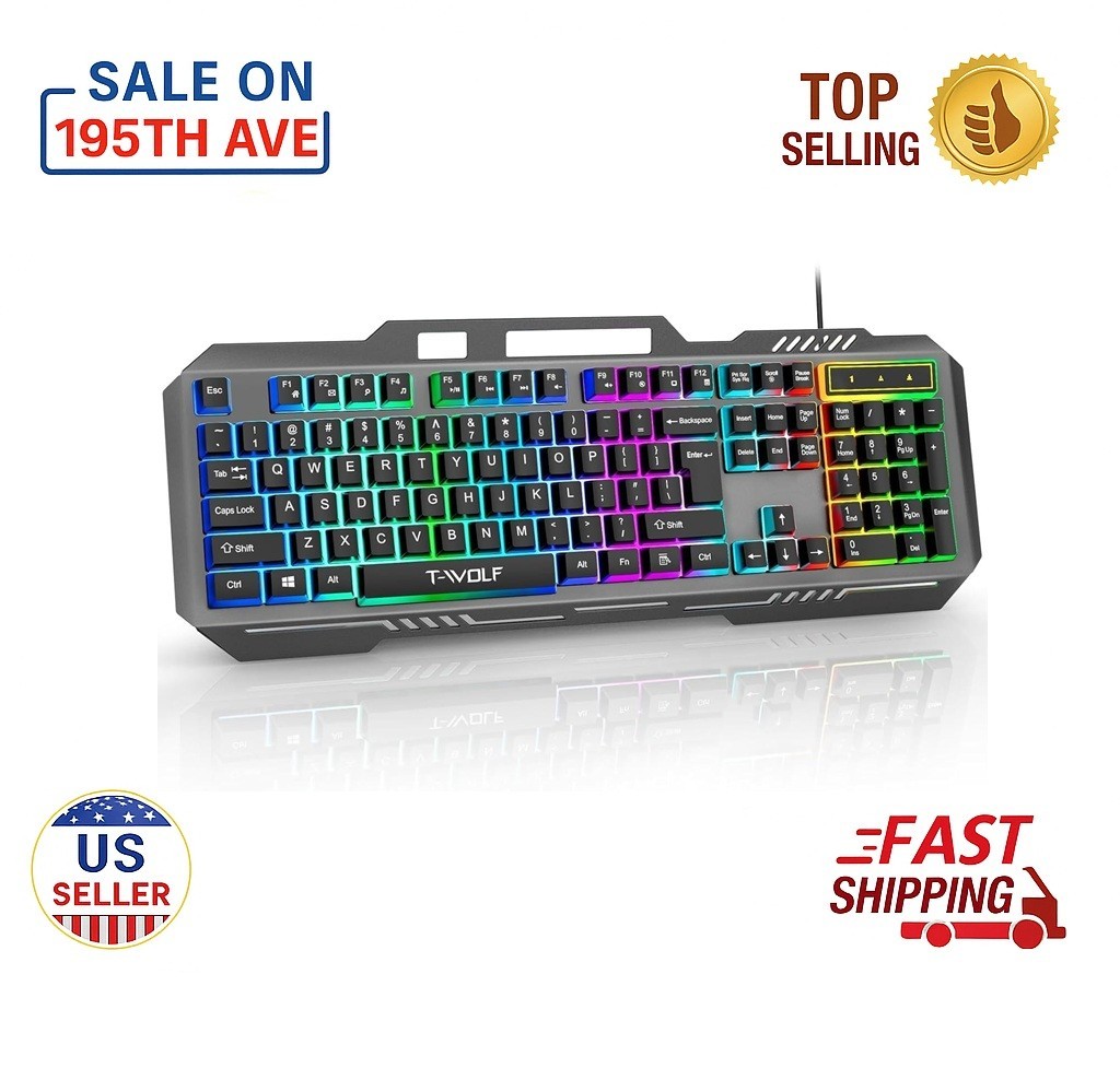 T-Wolf T16 Metal Luminous Wired Gaming Keyboard RGB Backlit Durable